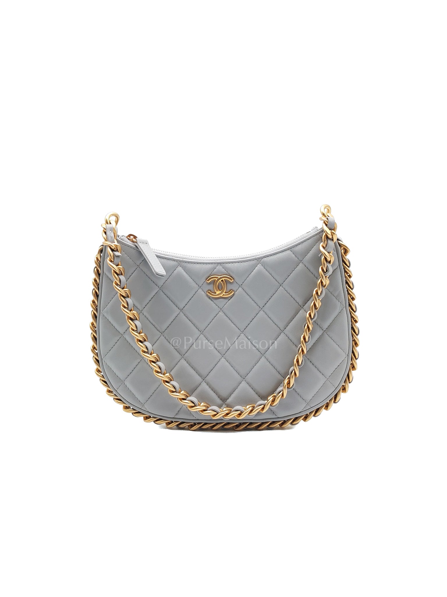 23B Hobo Bag Chain Edging in Gray Quilted Lambskin Leather and Aged Gold Hardware (Microchip) | Purse Maison Luxury Bags Shop