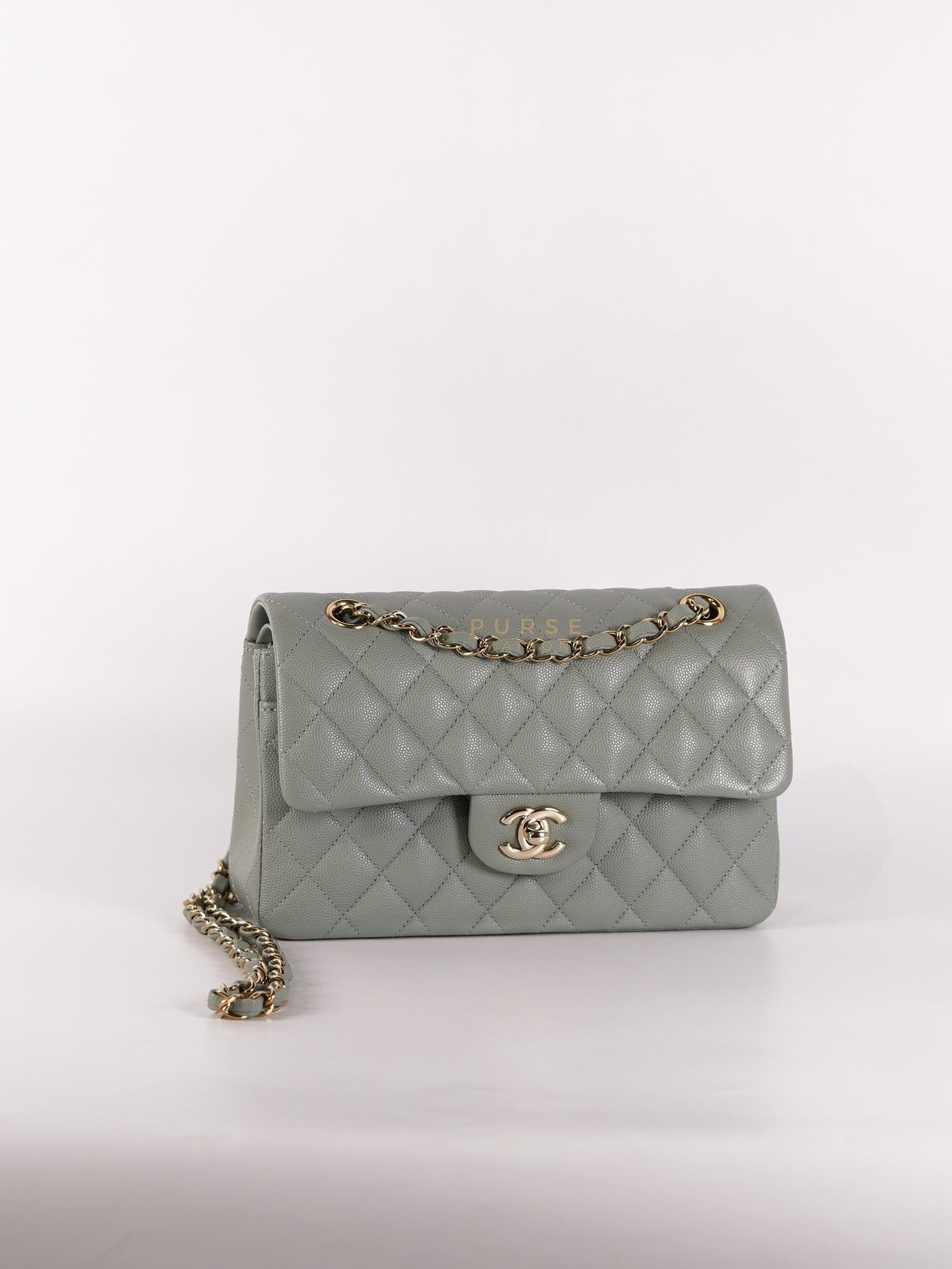 23C Classic Double Flap Small in Grey Quilted Caviar Leather and Light Gold Hardware (Microchip) | Purse Maison Luxury Bags Shop