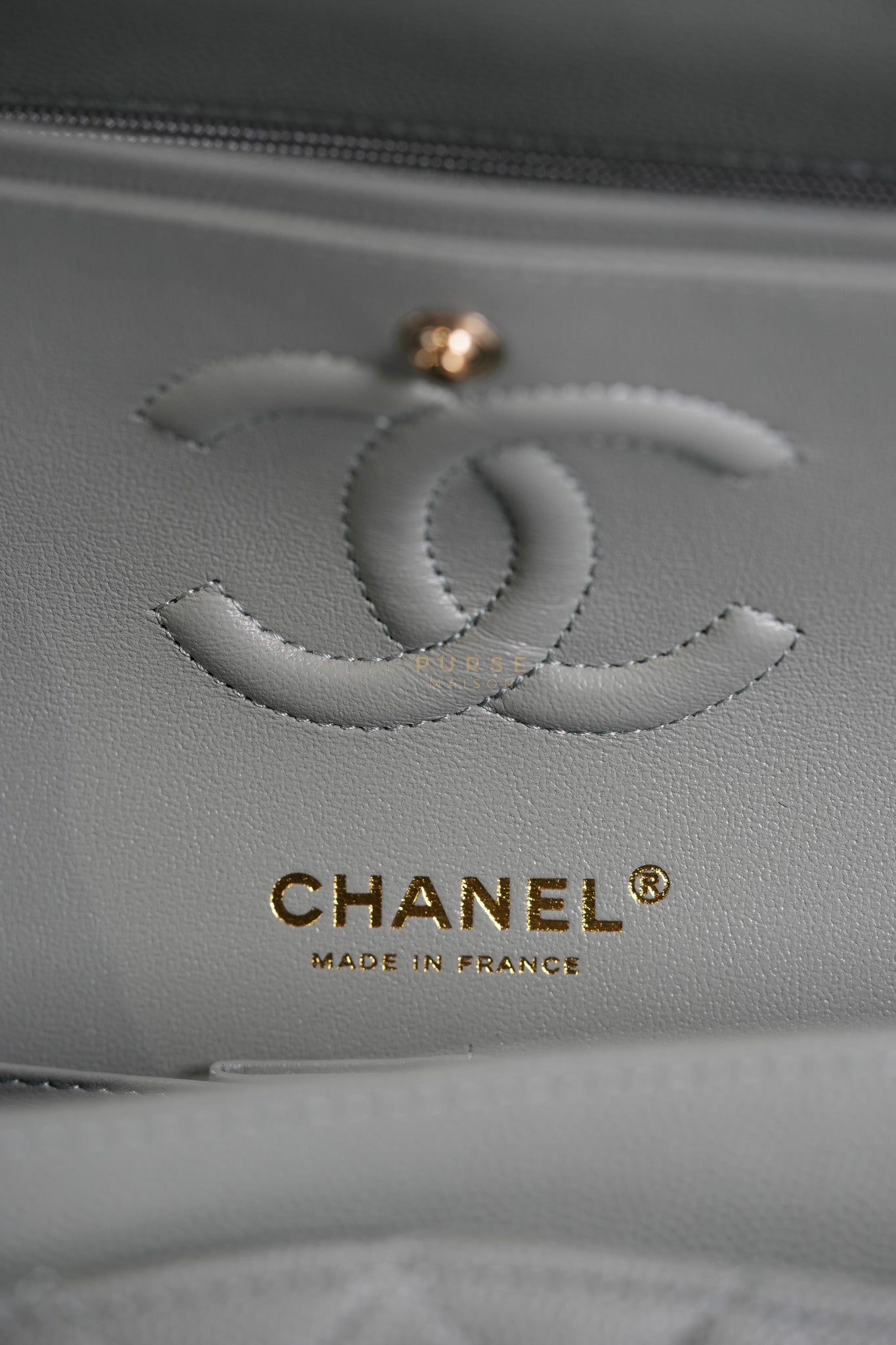 23C Classic Double Flap Small in Grey Quilted Caviar Leather and Light Gold Hardware (Microchip) | Purse Maison Luxury Bags Shop