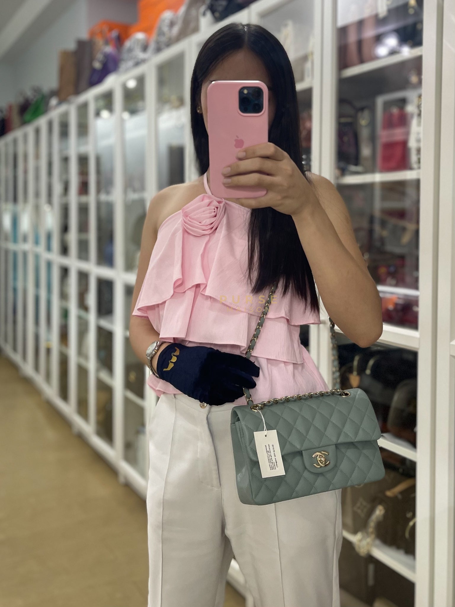 23C Classic Double Flap Small in Grey Quilted Caviar Leather and Light Gold Hardware (Microchip) | Purse Maison Luxury Bags Shop