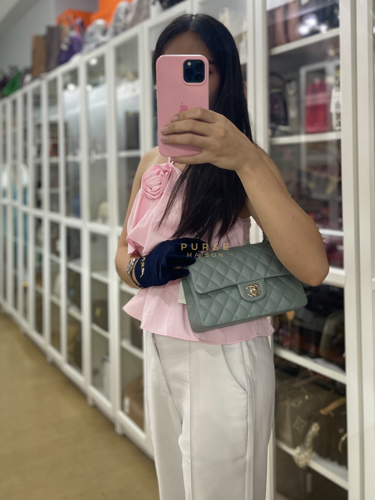 23C Classic Double Flap Small in Grey Quilted Caviar Leather and Light Gold Hardware (Microchip) | Purse Maison Luxury Bags Shop