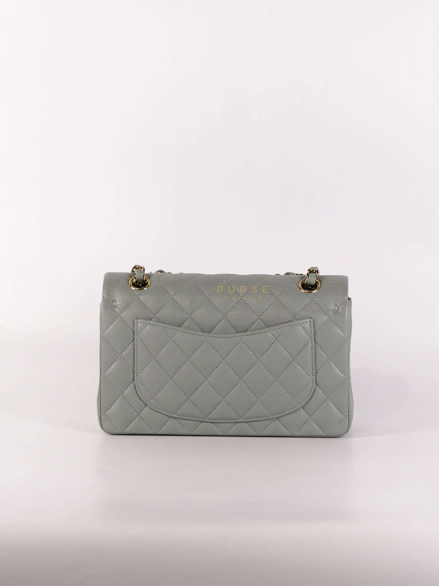 23C Classic Double Flap Small in Grey Quilted Caviar Leather and Light Gold Hardware (Microchip) | Purse Maison Luxury Bags Shop