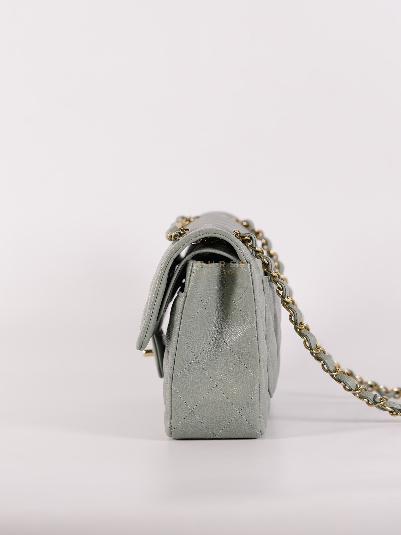 23C Classic Double Flap Small in Grey Quilted Caviar Leather and Light Gold Hardware (Microchip) | Purse Maison Luxury Bags Shop