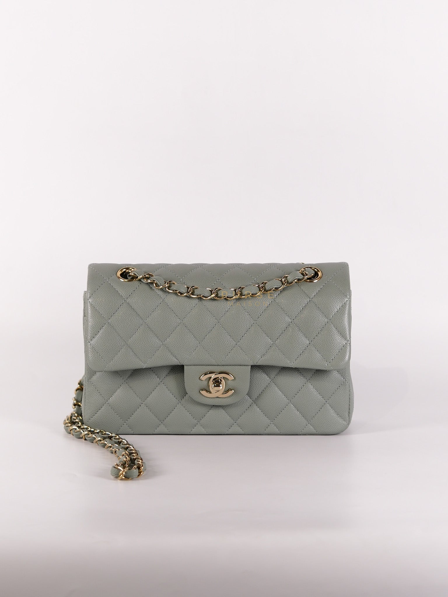 23C Classic Double Flap Small in Grey Quilted Caviar Leather and Light Gold Hardware (Microchip) | Purse Maison Luxury Bags Shop