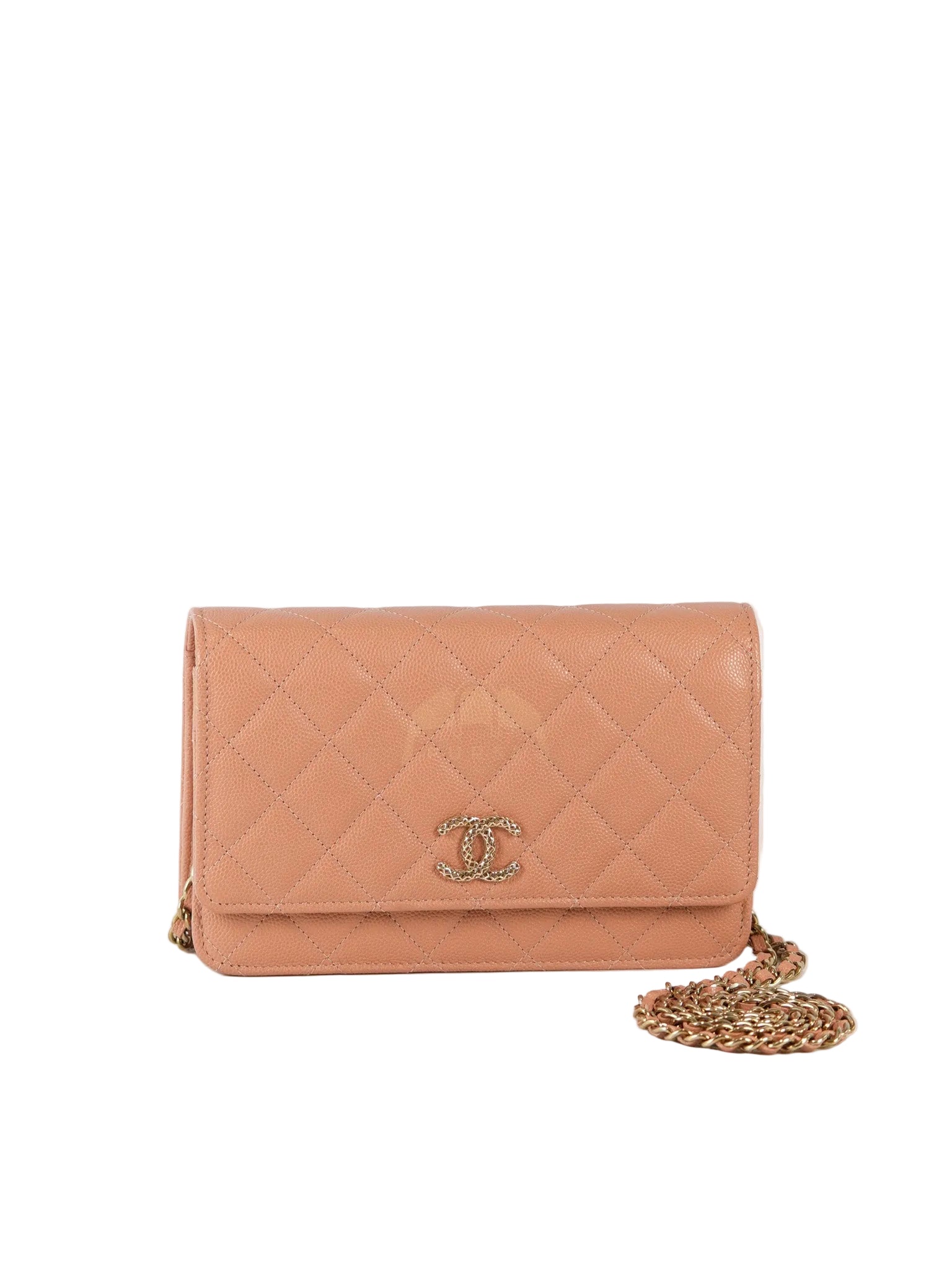 23P Wallet On Chain (WOC) Beige-Peach in Quilted Caviar Light Gold Hardware (Microchip) | Purse Maison Luxury Bags Shop