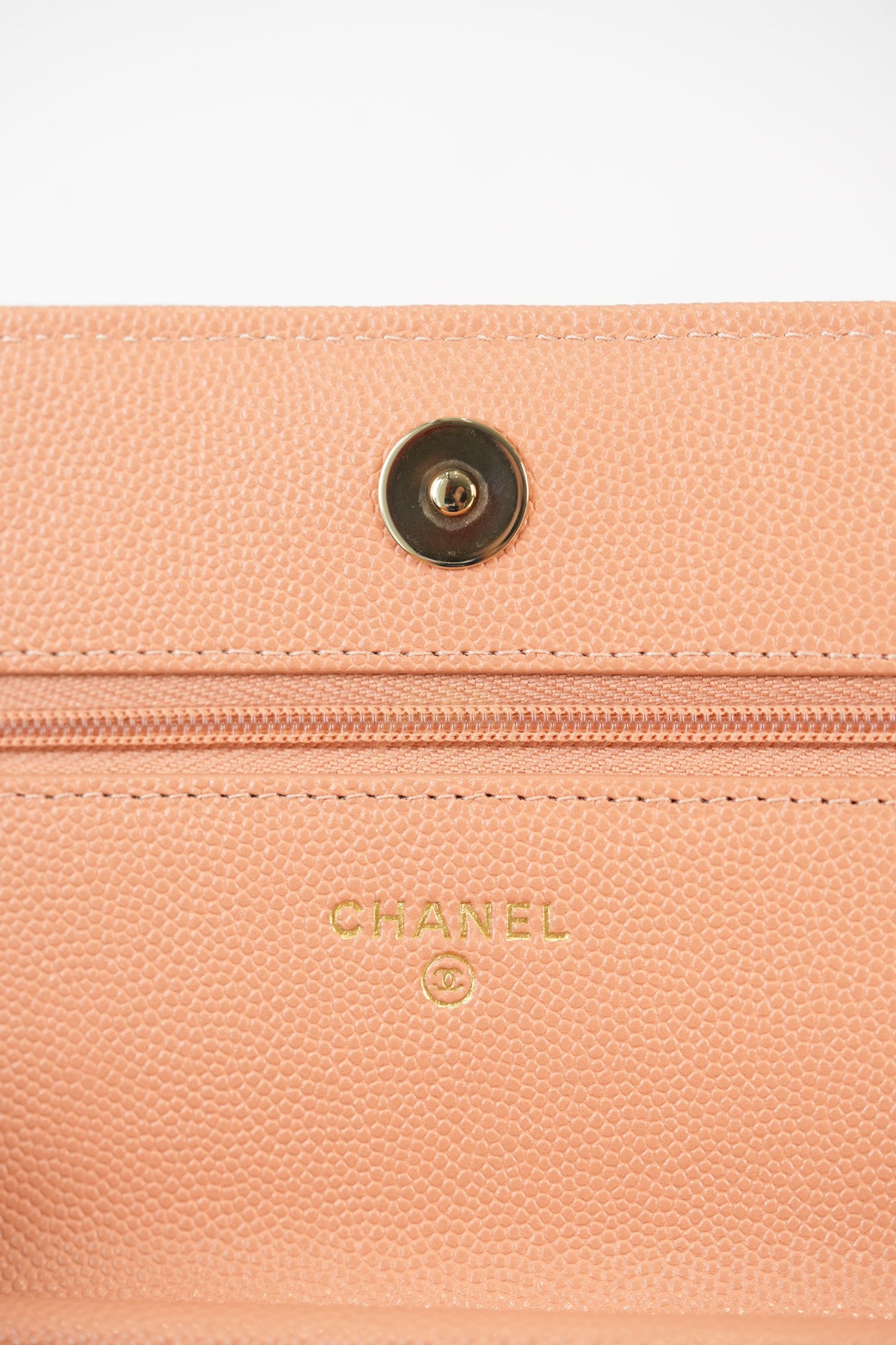 23P Wallet On Chain (WOC) Beige-Peach in Quilted Caviar Light Gold Hardware (Microchip) | Purse Maison Luxury Bags Shop