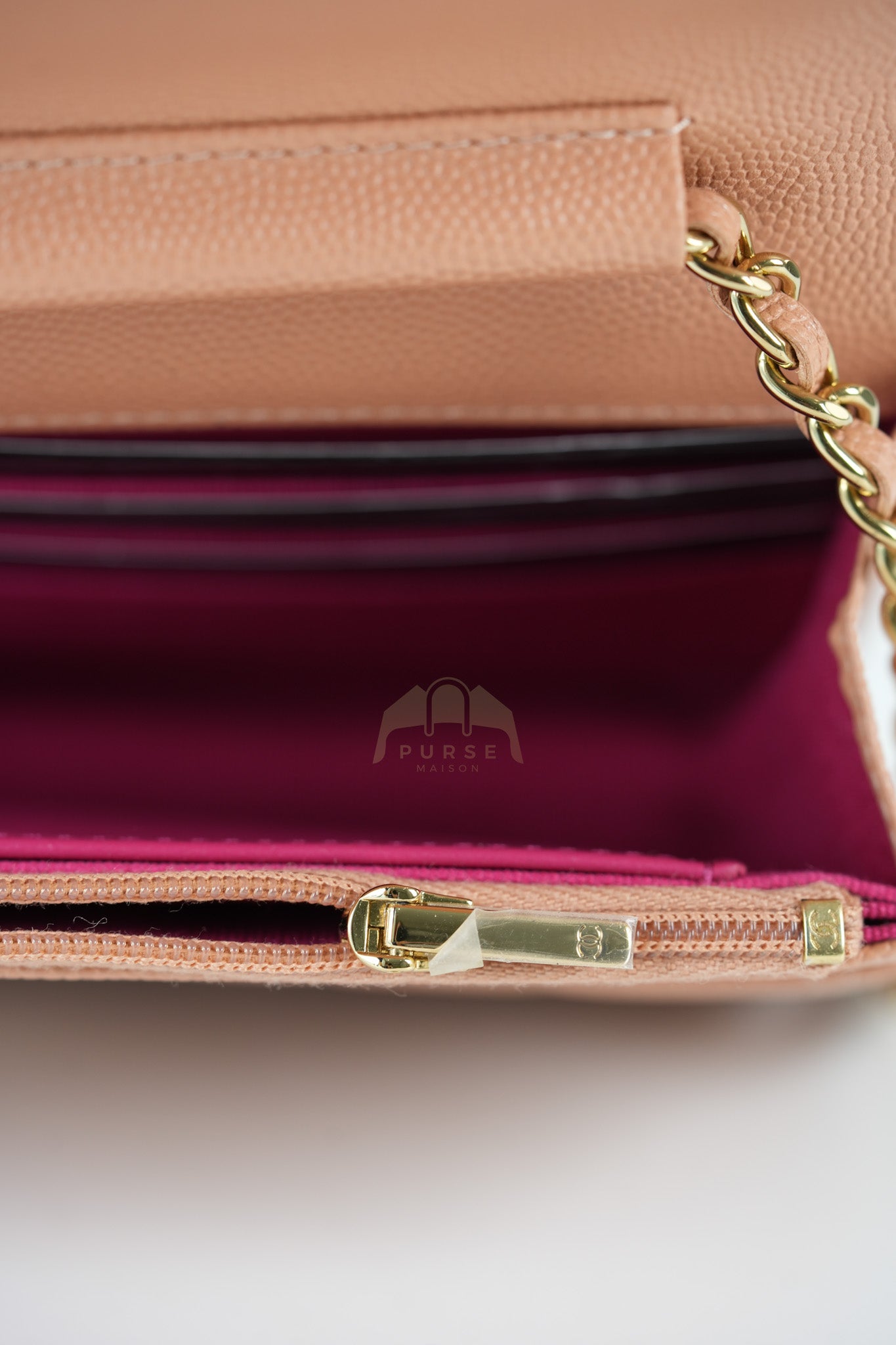 23P Wallet On Chain (WOC) Beige-Peach in Quilted Caviar Light Gold Hardware (Microchip) | Purse Maison Luxury Bags Shop