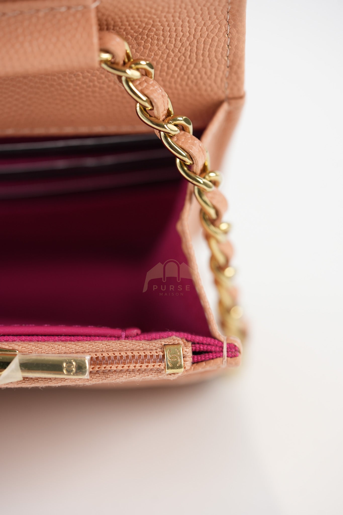 23P Wallet On Chain (WOC) Beige-Peach in Quilted Caviar Light Gold Hardware (Microchip) | Purse Maison Luxury Bags Shop