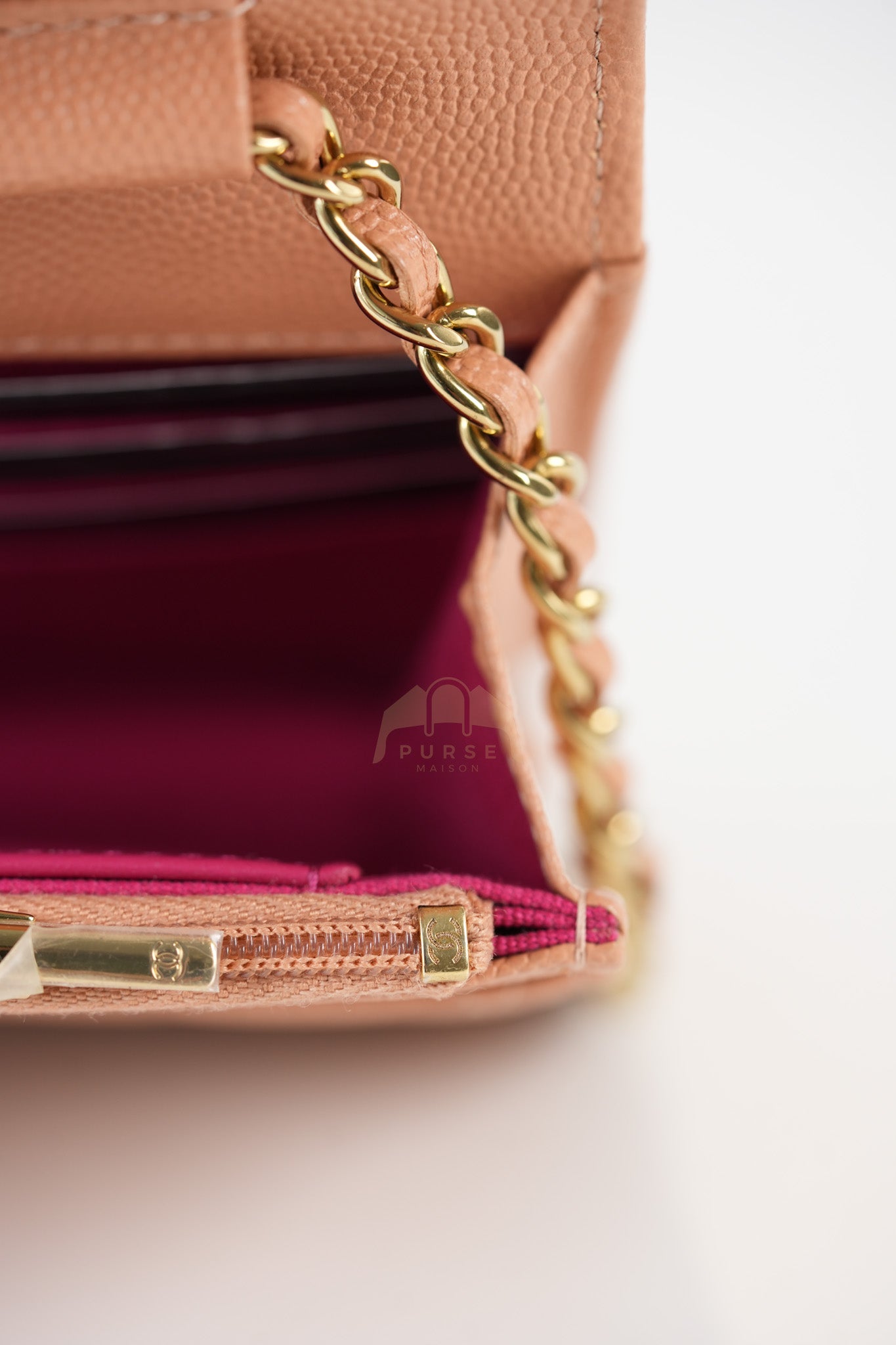 23P Wallet On Chain (WOC) Beige-Peach in Quilted Caviar Light Gold Hardware (Microchip) | Purse Maison Luxury Bags Shop
