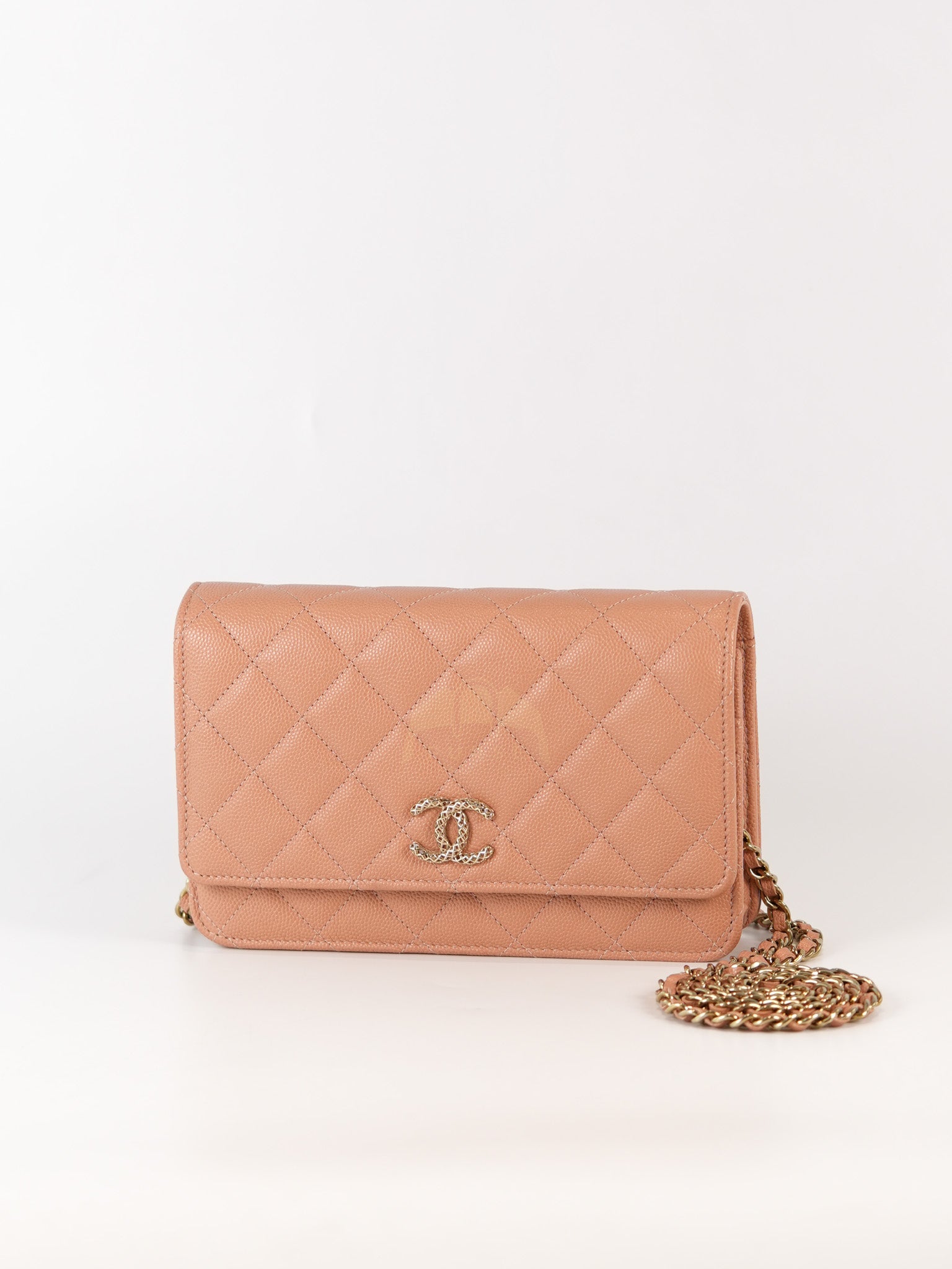 23P Wallet On Chain (WOC) Beige-Peach in Quilted Caviar Light Gold Hardware (Microchip) | Purse Maison Luxury Bags Shop