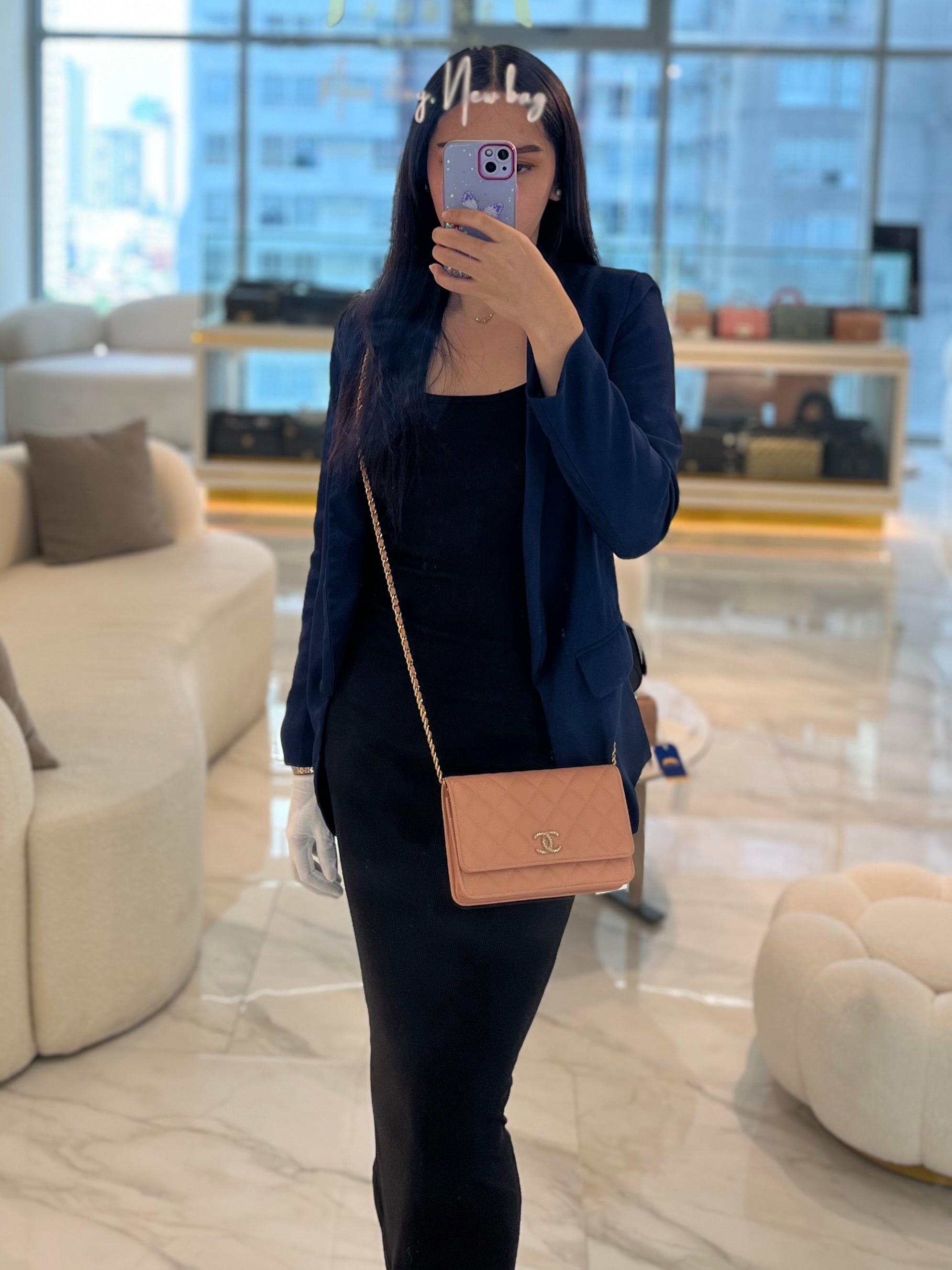 23P Wallet On Chain (WOC) Beige-Peach in Quilted Caviar Light Gold Hardware (Microchip) | Purse Maison Luxury Bags Shop