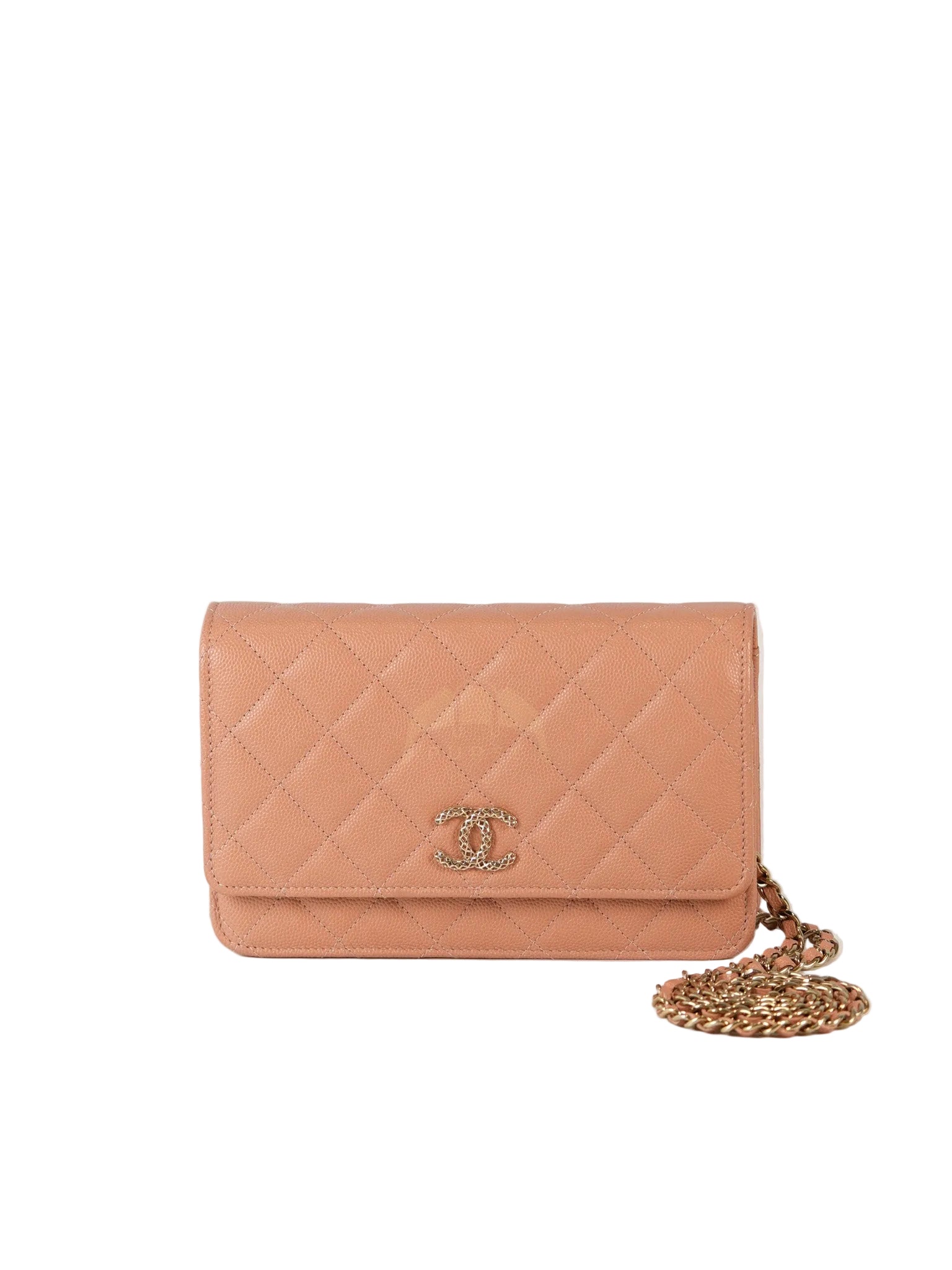 23P Wallet On Chain (WOC) Beige-Peach in Quilted Caviar Light Gold Hardware (Microchip) | Purse Maison Luxury Bags Shop