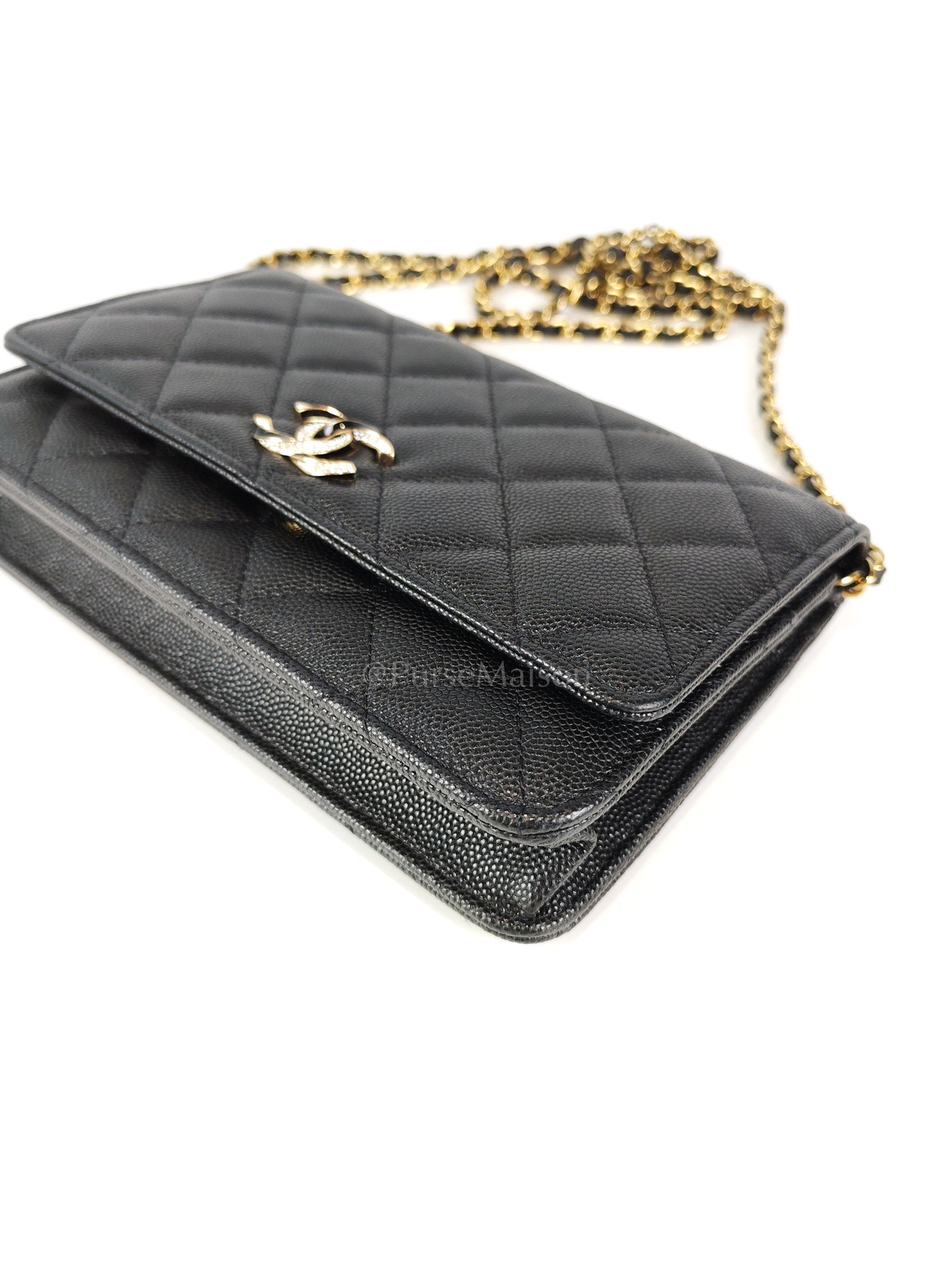 23S Wallet On Chain in Black Caviar Leather & Crystal Enamel Gold Hardware (Microchip) | Purse Maison Luxury Bags Shop