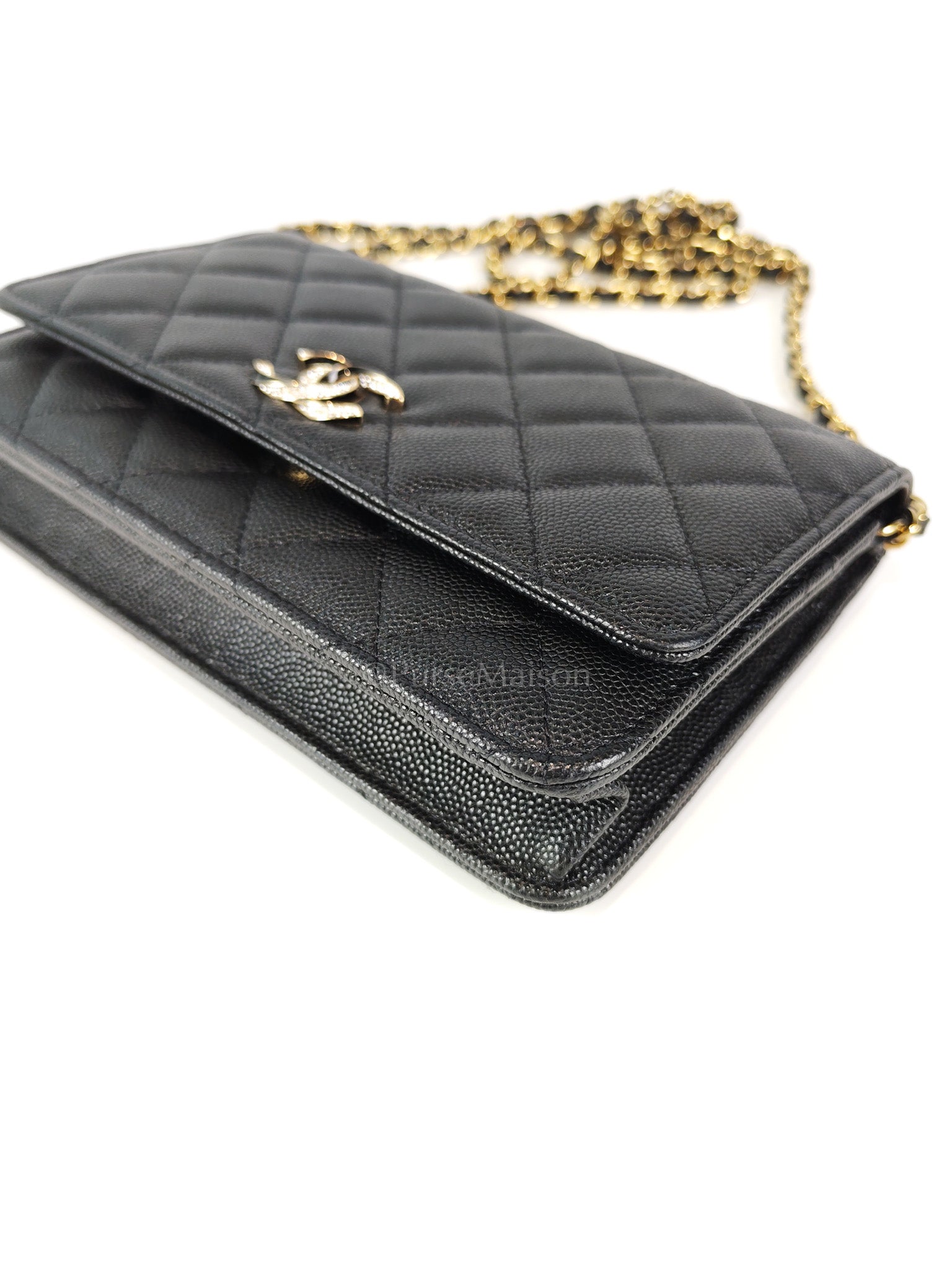 23S Wallet On Chain in Black Caviar Leather & Crystal Enamel Gold Hardware (Microchip) | Purse Maison Luxury Bags Shop