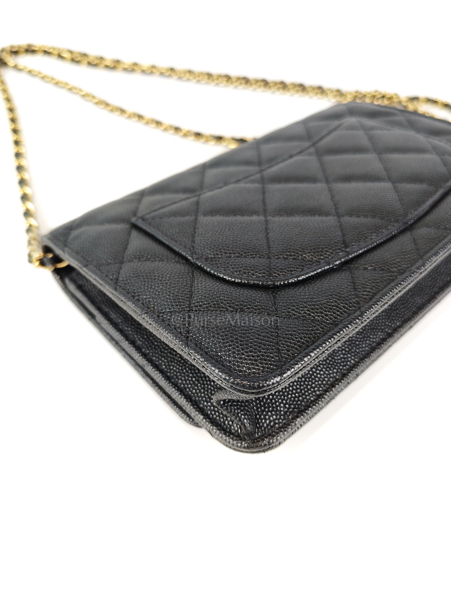 23S Wallet On Chain in Black Caviar Leather & Crystal Enamel Gold Hardware (Microchip) | Purse Maison Luxury Bags Shop