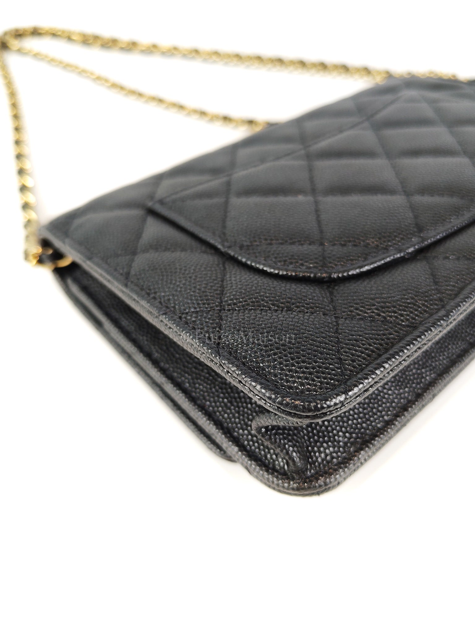 23S Wallet On Chain in Black Caviar Leather & Crystal Enamel Gold Hardware (Microchip) | Purse Maison Luxury Bags Shop