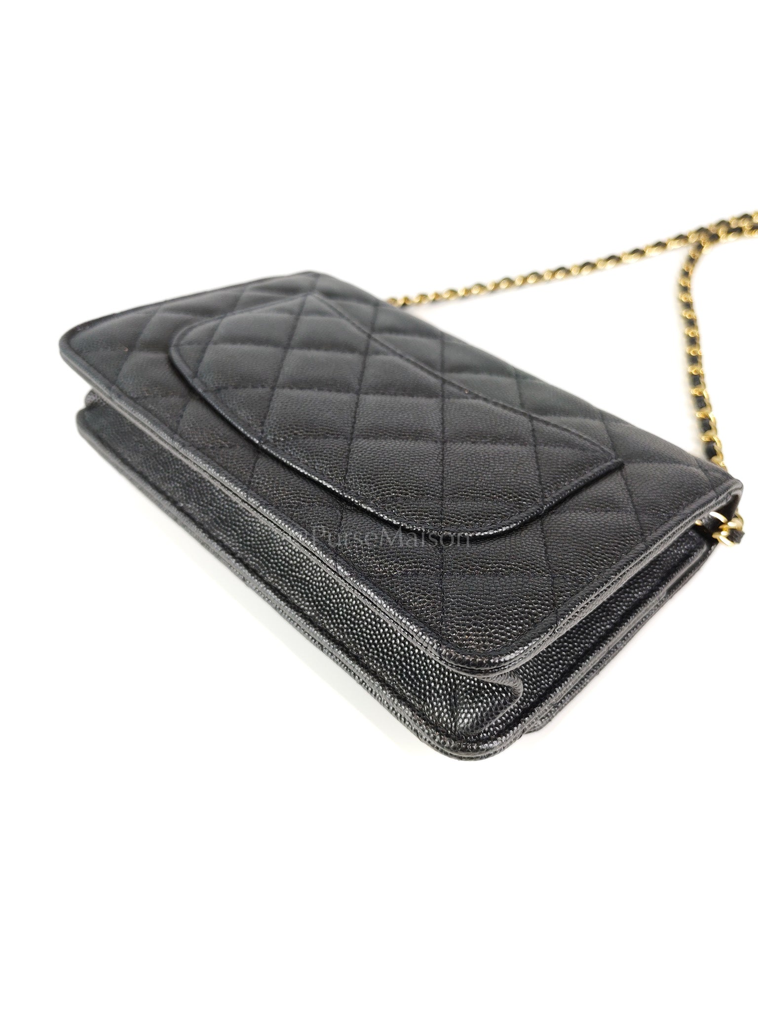23S Wallet On Chain in Black Caviar Leather & Crystal Enamel Gold Hardware (Microchip) | Purse Maison Luxury Bags Shop