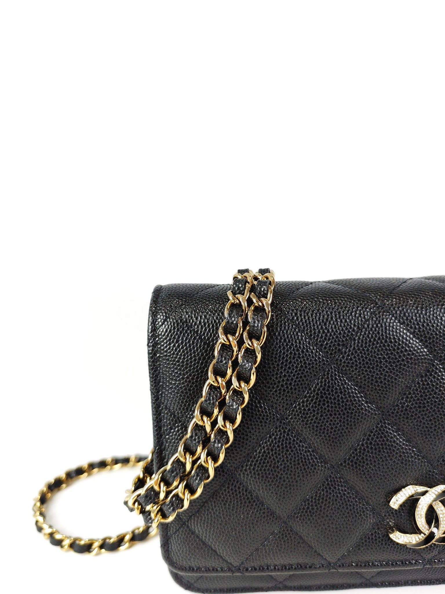 23S Wallet On Chain in Black Caviar Leather & Crystal Enamel Gold Hardware (Microchip) | Purse Maison Luxury Bags Shop