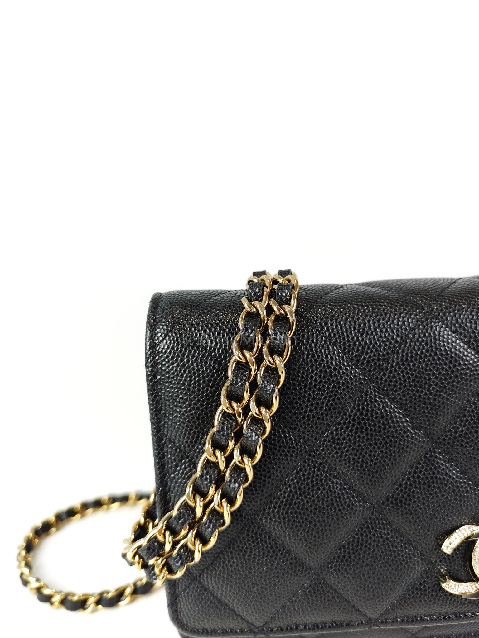 23S Wallet On Chain in Black Caviar Leather & Crystal Enamel Gold Hardware (Microchip) | Purse Maison Luxury Bags Shop