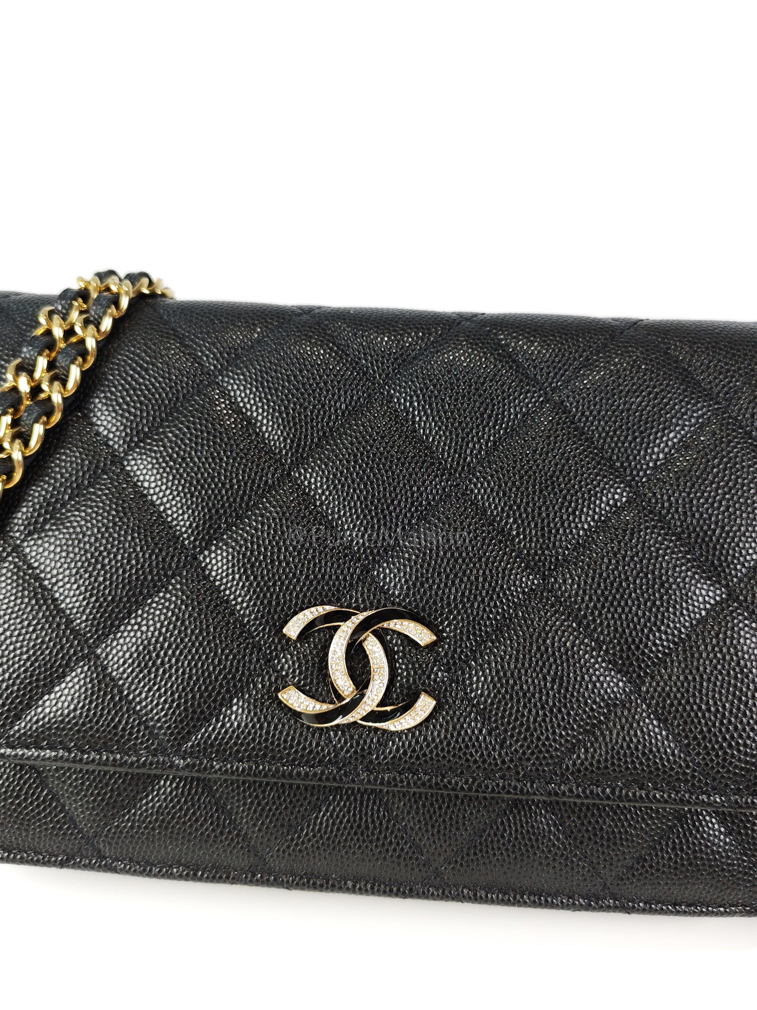 23S Wallet On Chain in Black Caviar Leather & Crystal Enamel Gold Hardware (Microchip) | Purse Maison Luxury Bags Shop