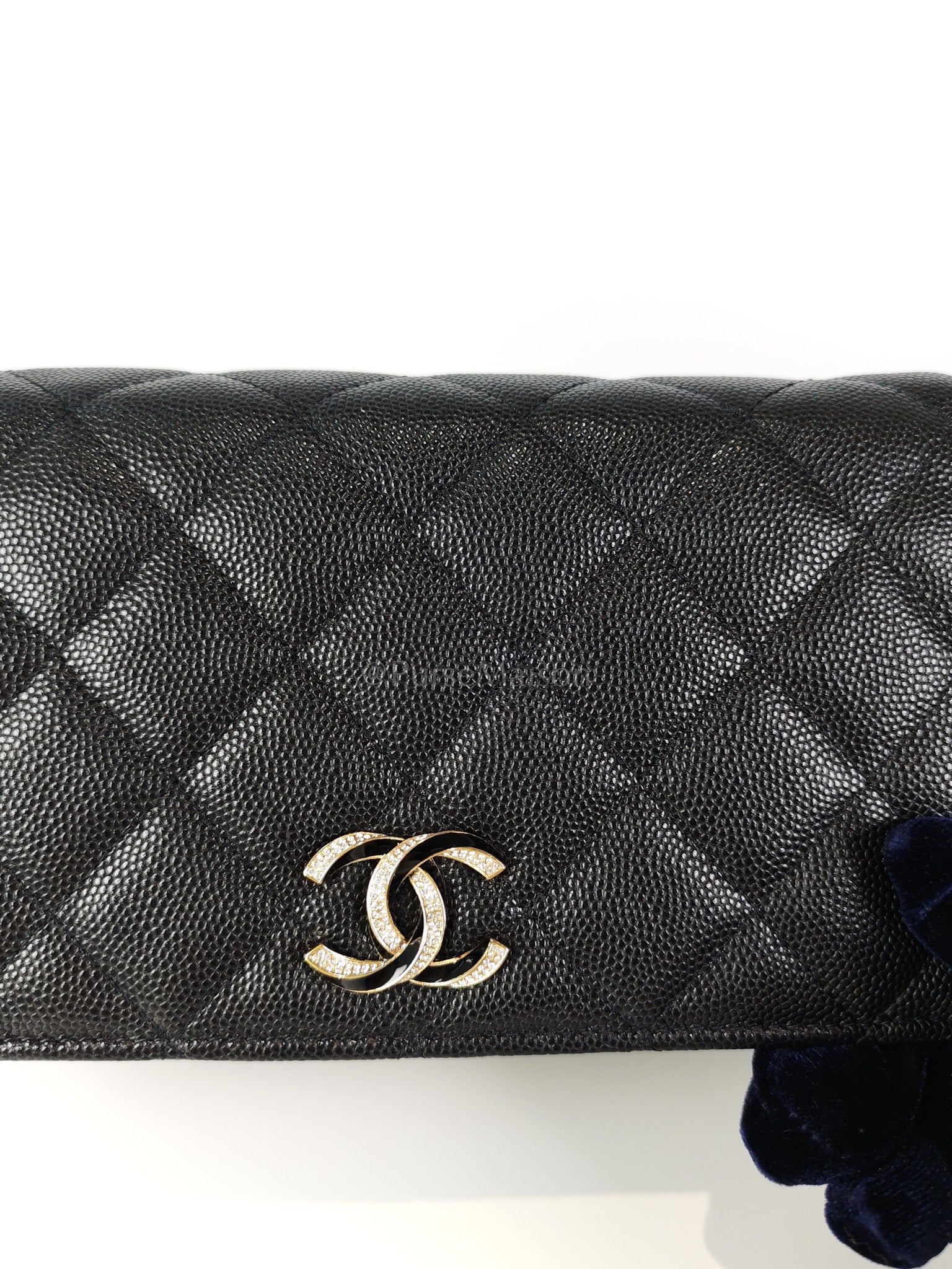 23S Wallet On Chain in Black Caviar Leather & Crystal Enamel Gold Hardware (Microchip) | Purse Maison Luxury Bags Shop