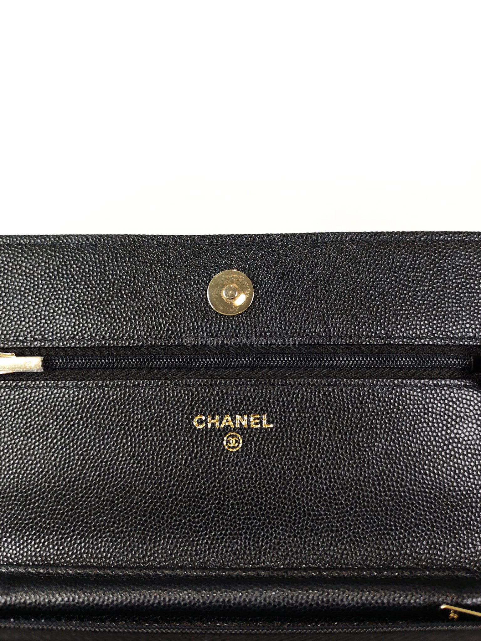 23S Wallet On Chain in Black Caviar Leather & Crystal Enamel Gold Hardware (Microchip) | Purse Maison Luxury Bags Shop