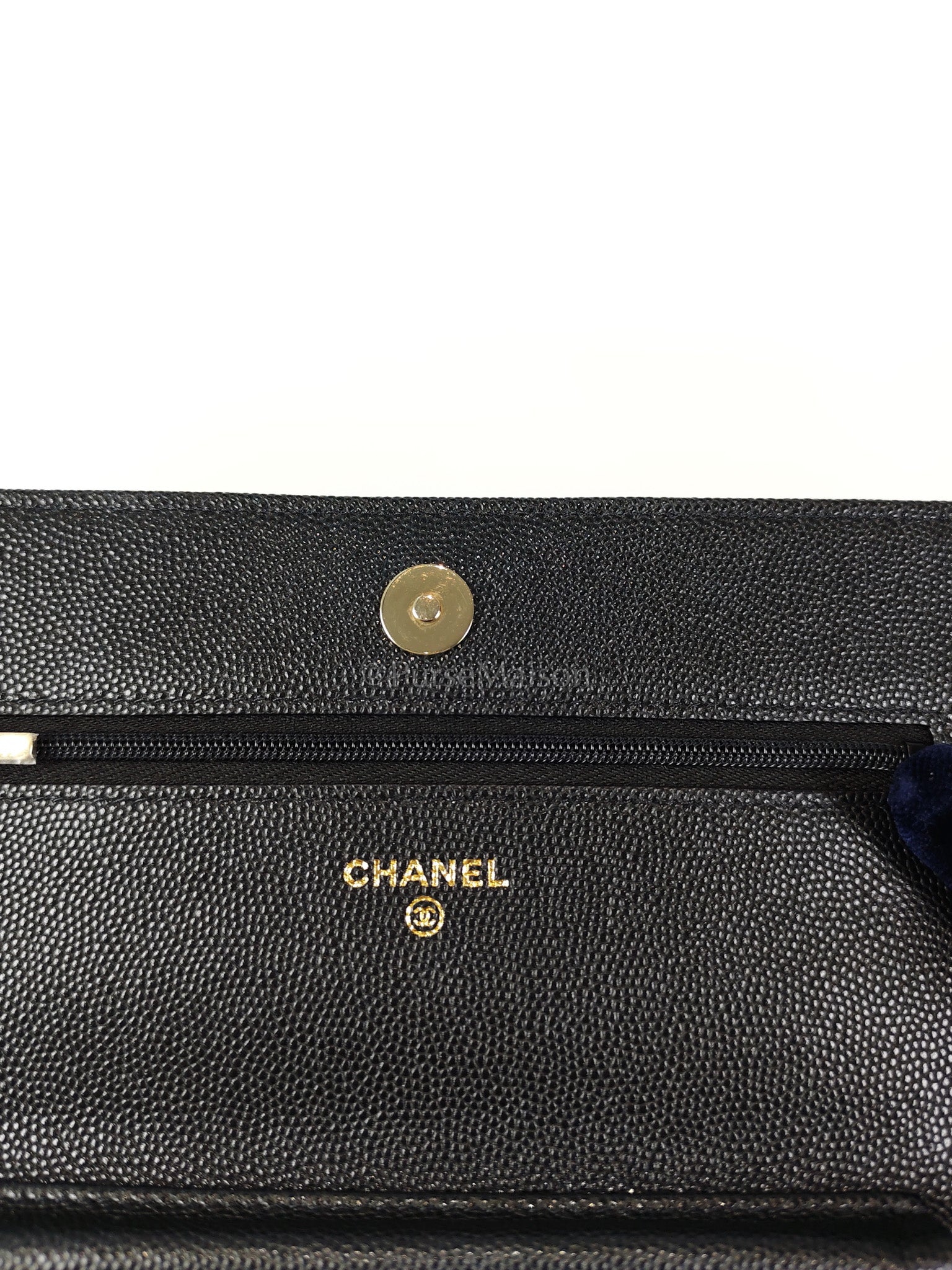 23S Wallet On Chain in Black Caviar Leather & Crystal Enamel Gold Hardware (Microchip) | Purse Maison Luxury Bags Shop