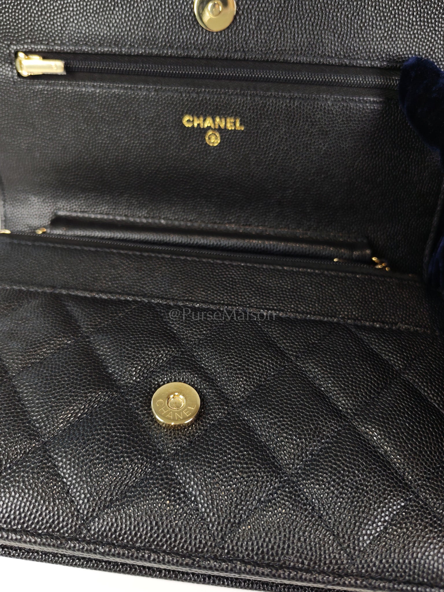 23S Wallet On Chain in Black Caviar Leather & Crystal Enamel Gold Hardware (Microchip) | Purse Maison Luxury Bags Shop