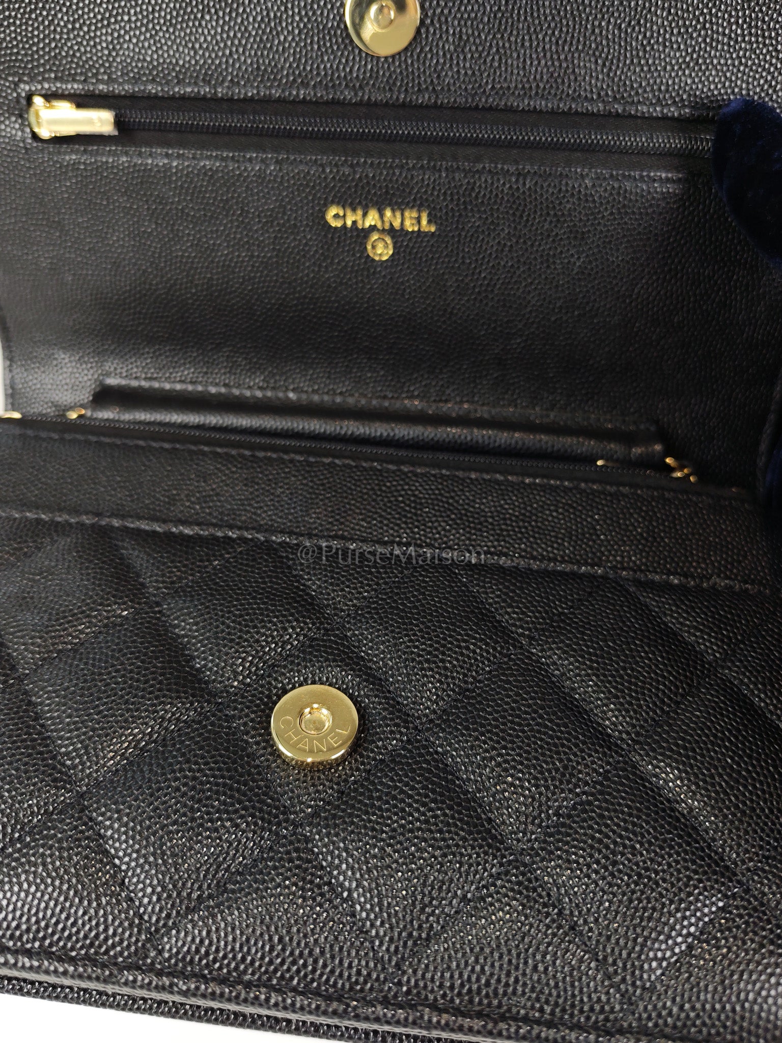 23S Wallet On Chain in Black Caviar Leather & Crystal Enamel Gold Hardware (Microchip) | Purse Maison Luxury Bags Shop