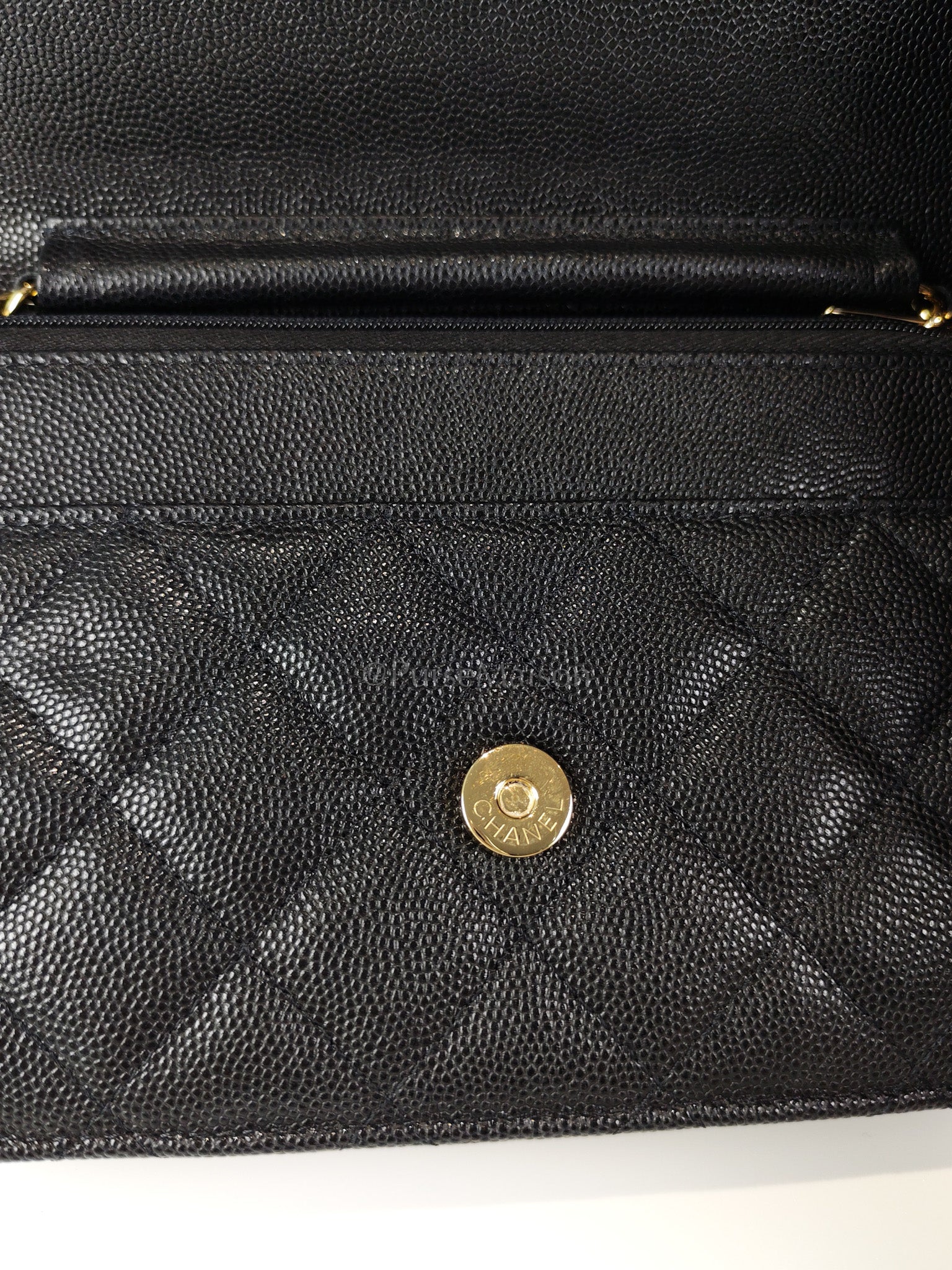23S Wallet On Chain in Black Caviar Leather & Crystal Enamel Gold Hardware (Microchip) | Purse Maison Luxury Bags Shop