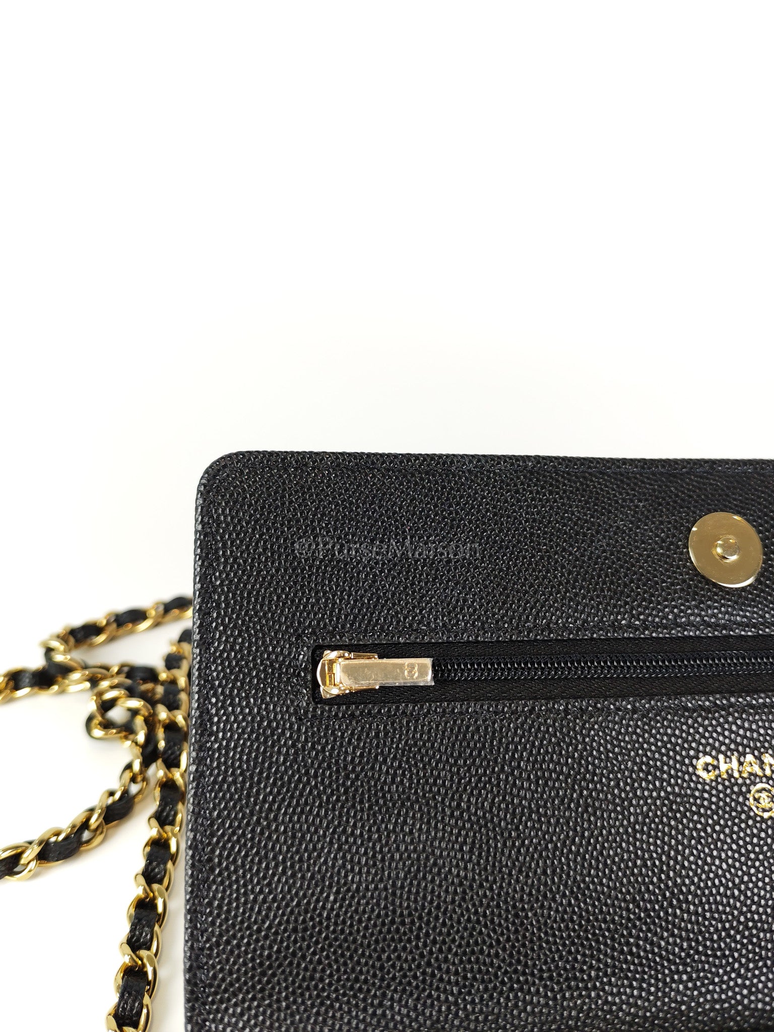 23S Wallet On Chain in Black Caviar Leather & Crystal Enamel Gold Hardware (Microchip) | Purse Maison Luxury Bags Shop