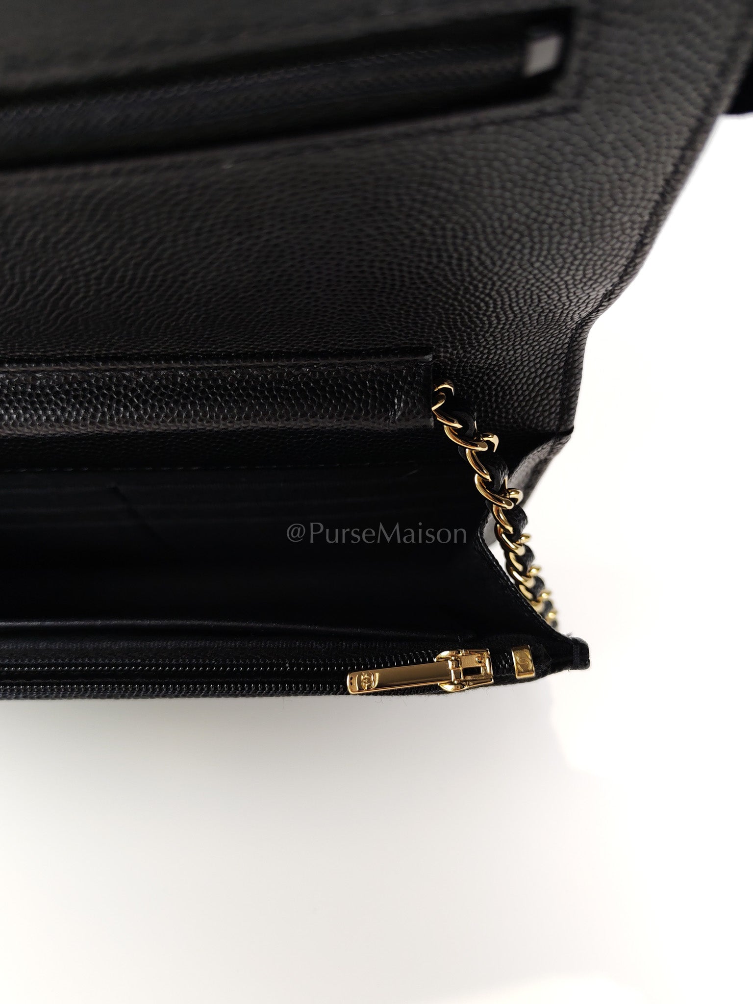 23S Wallet On Chain in Black Caviar Leather & Crystal Enamel Gold Hardware (Microchip) | Purse Maison Luxury Bags Shop