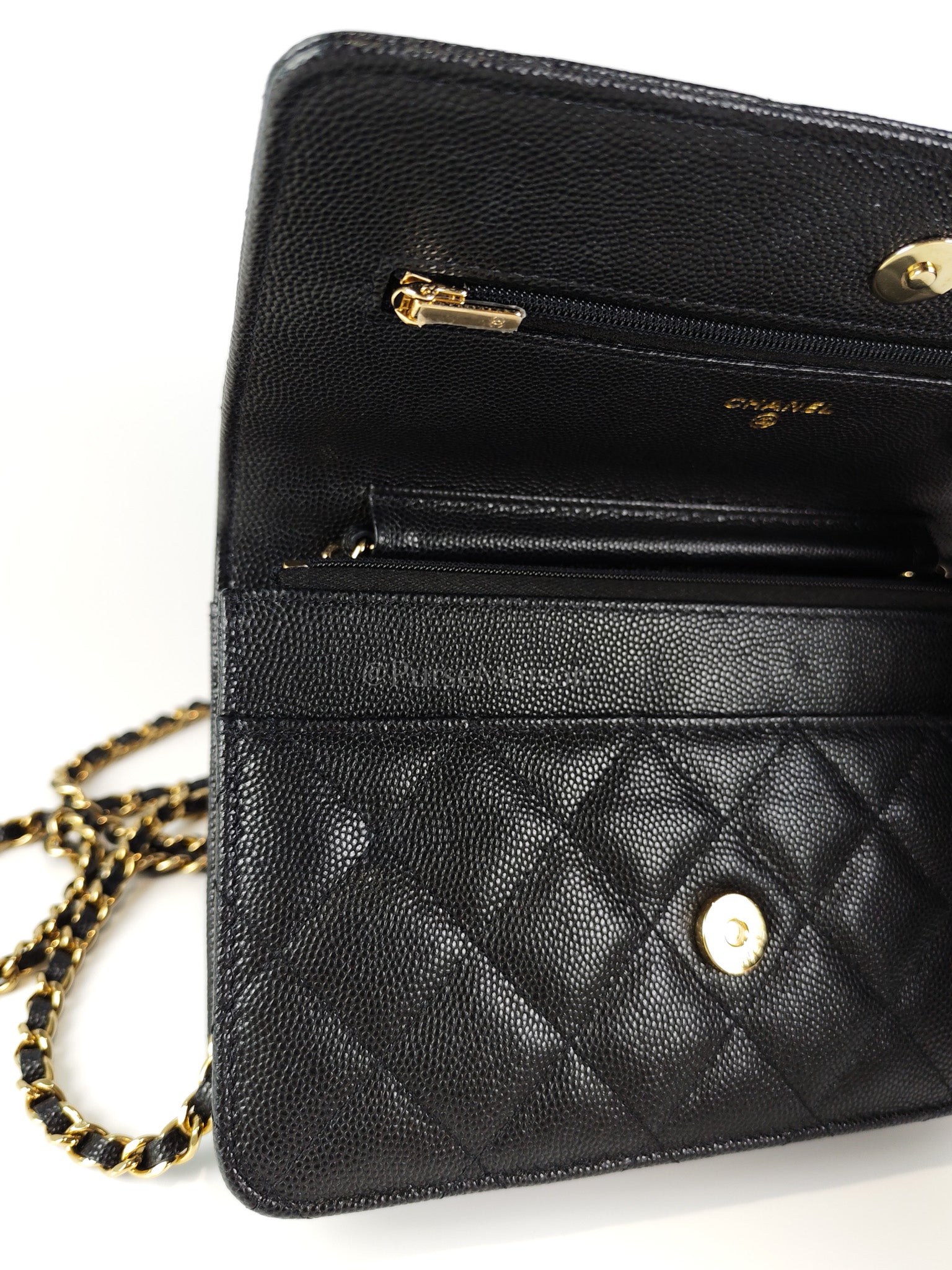 23S Wallet On Chain in Black Caviar Leather & Crystal Enamel Gold Hardware (Microchip) | Purse Maison Luxury Bags Shop