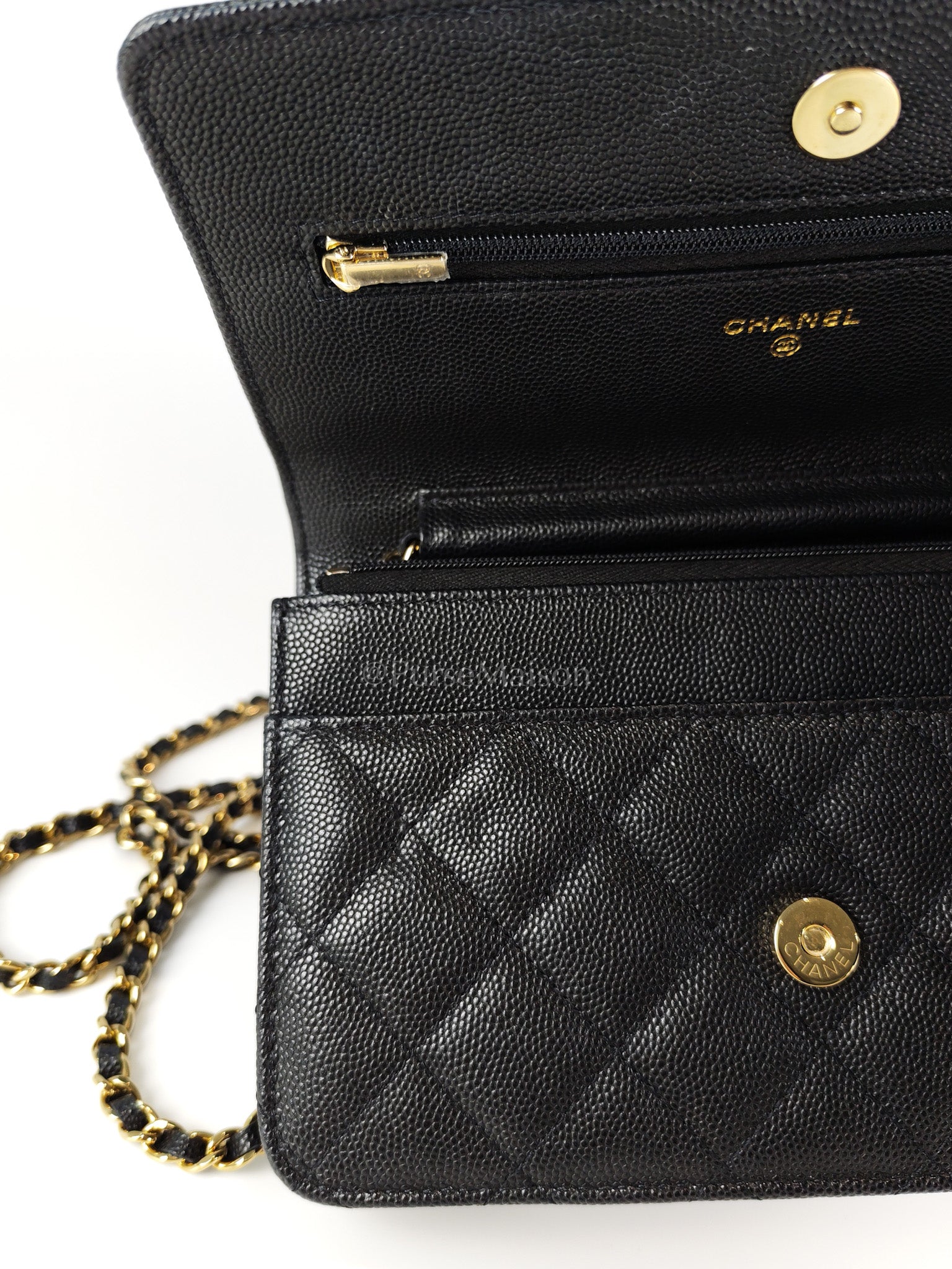 23S Wallet On Chain in Black Caviar Leather & Crystal Enamel Gold Hardware (Microchip) | Purse Maison Luxury Bags Shop