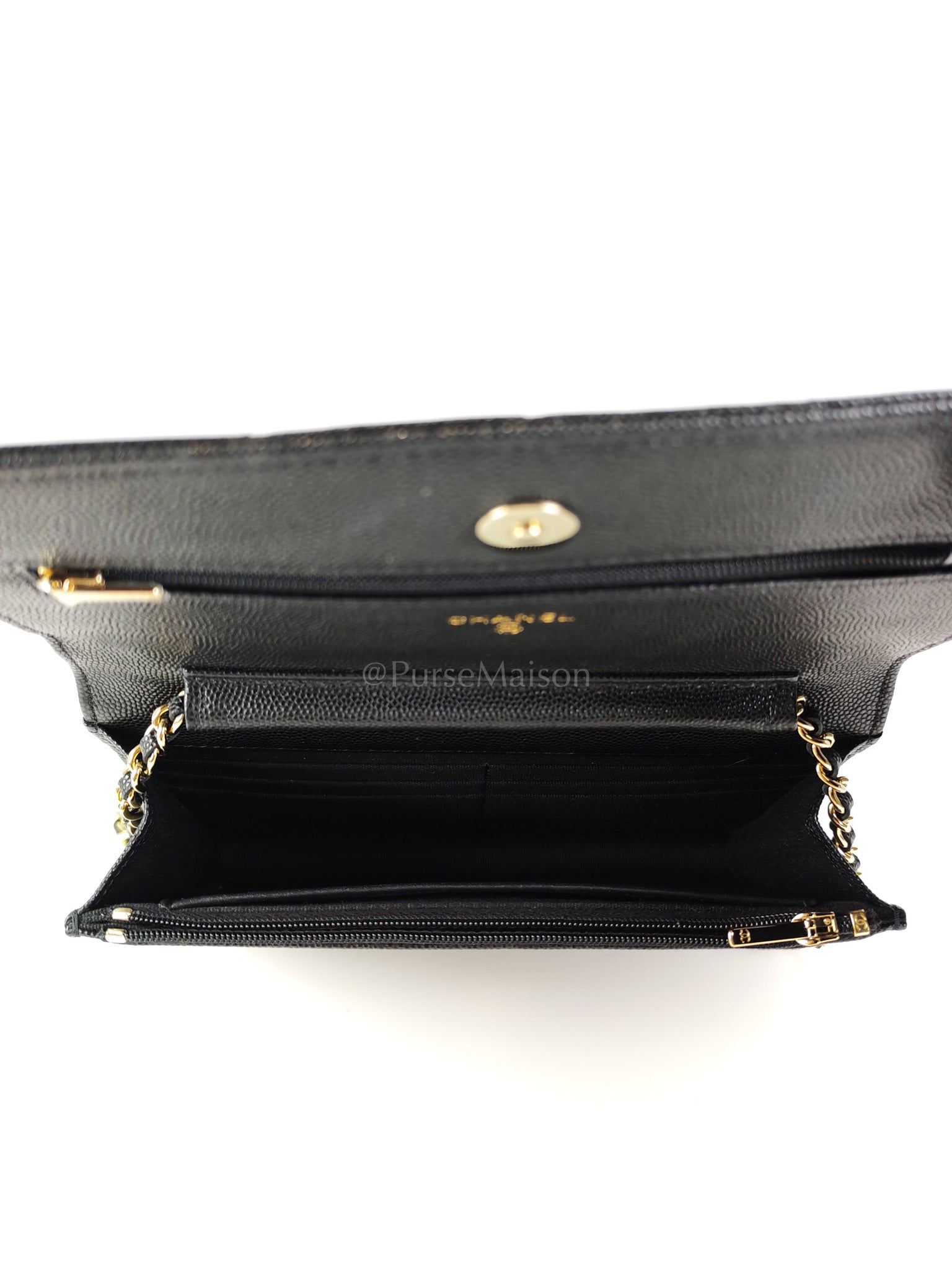 23S Wallet On Chain in Black Caviar Leather & Crystal Enamel Gold Hardware (Microchip) | Purse Maison Luxury Bags Shop