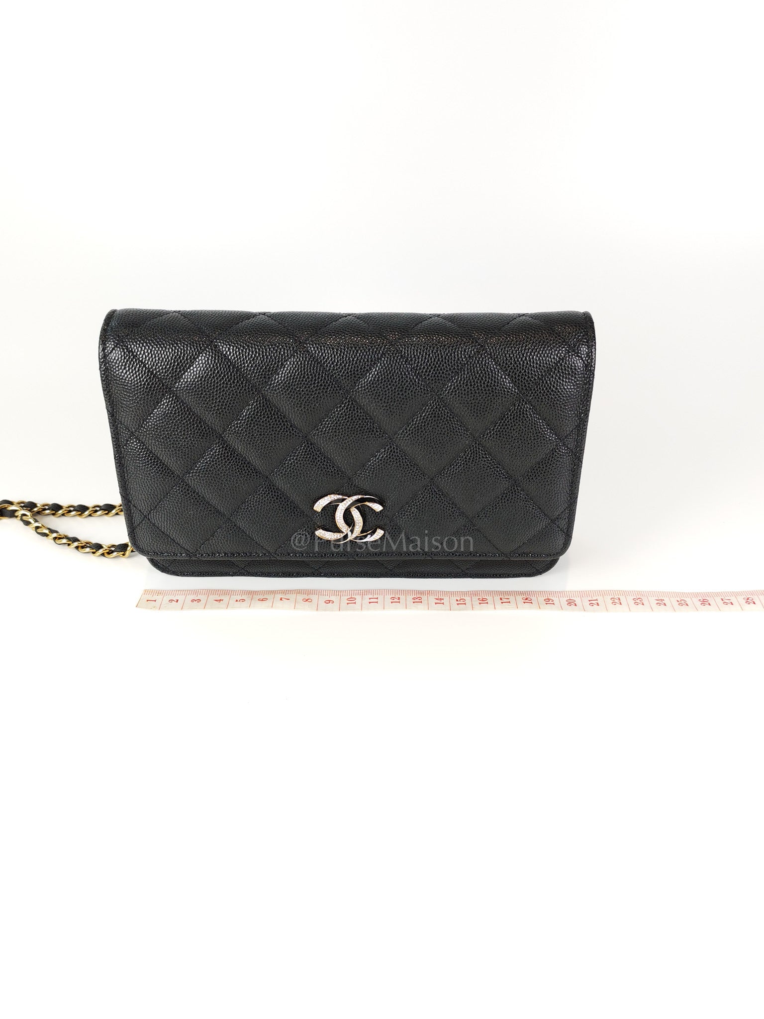 23S Wallet On Chain in Black Caviar Leather & Crystal Enamel Gold Hardware (Microchip) | Purse Maison Luxury Bags Shop