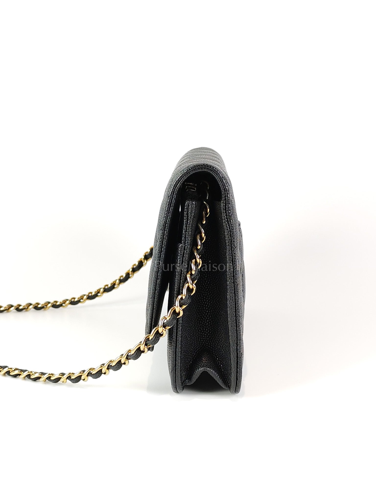 23S Wallet On Chain in Black Caviar Leather & Crystal Enamel Gold Hardware (Microchip) | Purse Maison Luxury Bags Shop