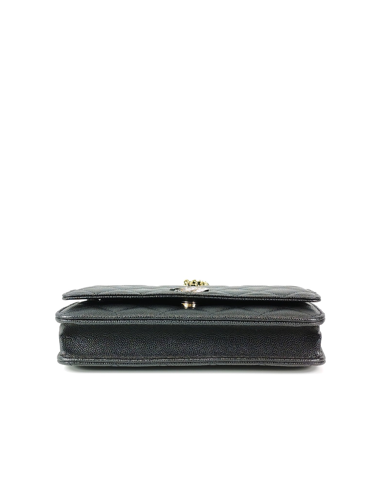 23S Wallet On Chain in Black Caviar Leather & Crystal Enamel Gold Hardware (Microchip) | Purse Maison Luxury Bags Shop