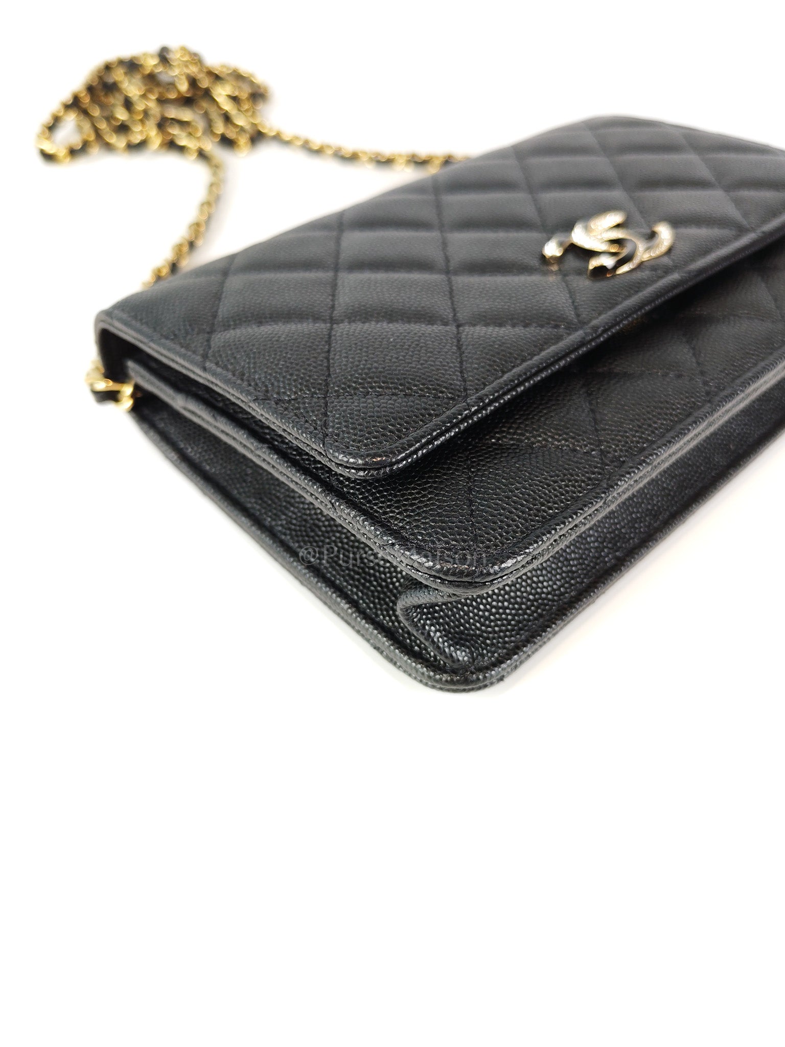 23S Wallet On Chain in Black Caviar Leather & Crystal Enamel Gold Hardware (Microchip) | Purse Maison Luxury Bags Shop