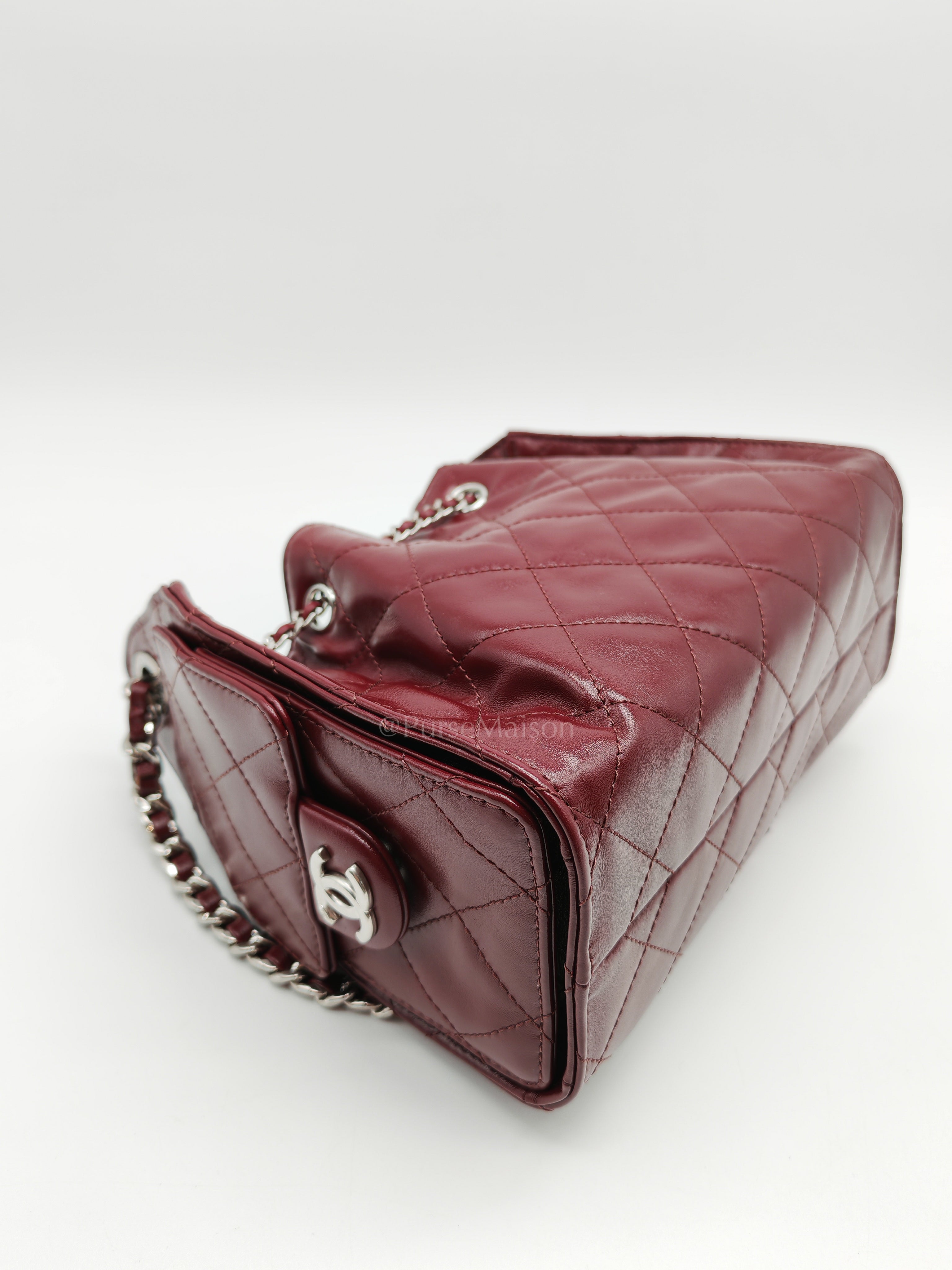 25 Mini Dark Burgundy Shiny Calfskin Leather in Silver Hardware (Microchip) | Purse Maison Luxury Bags Shop