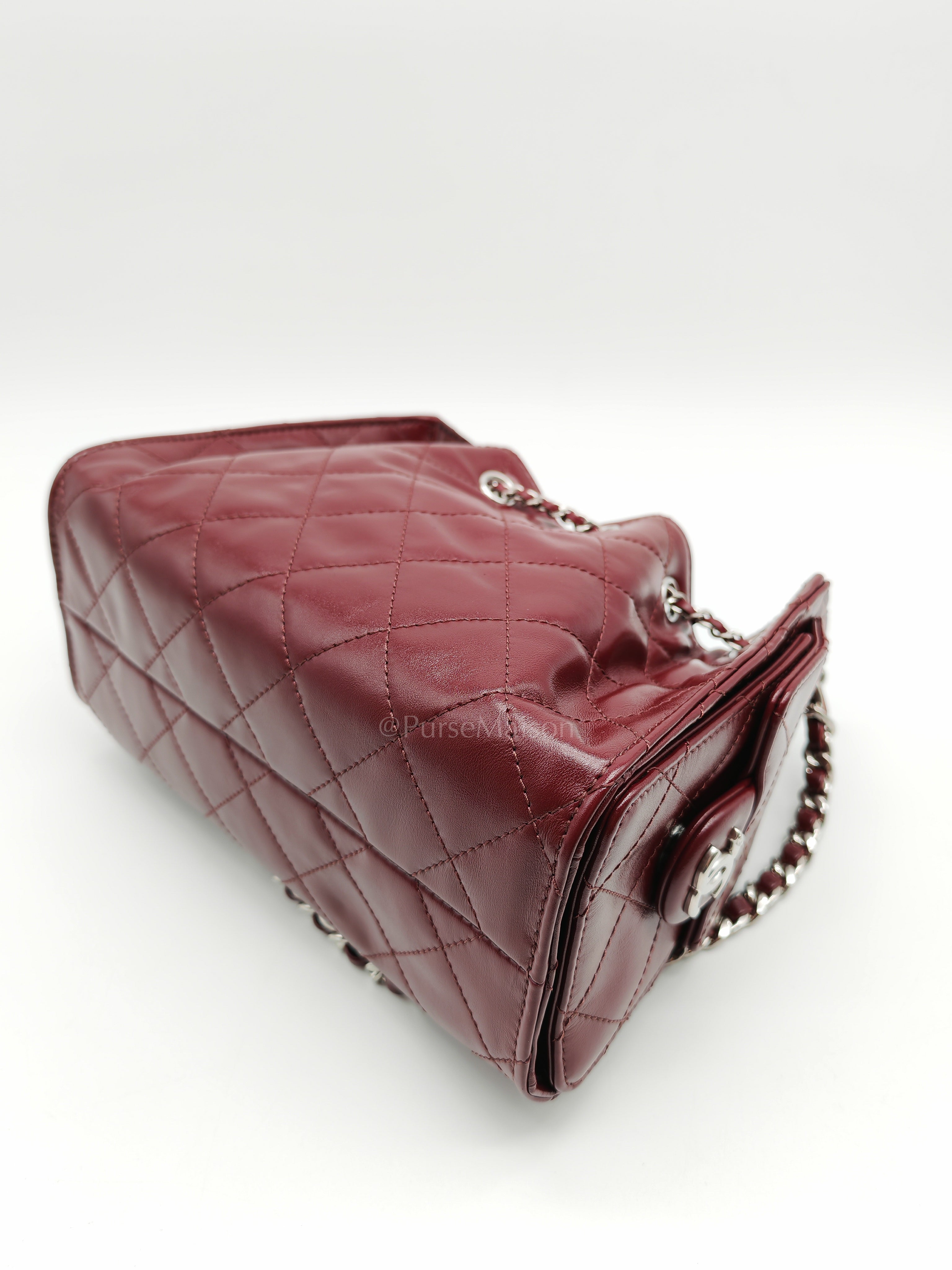 25 Mini Dark Burgundy Shiny Calfskin Leather in Silver Hardware (Microchip) | Purse Maison Luxury Bags Shop