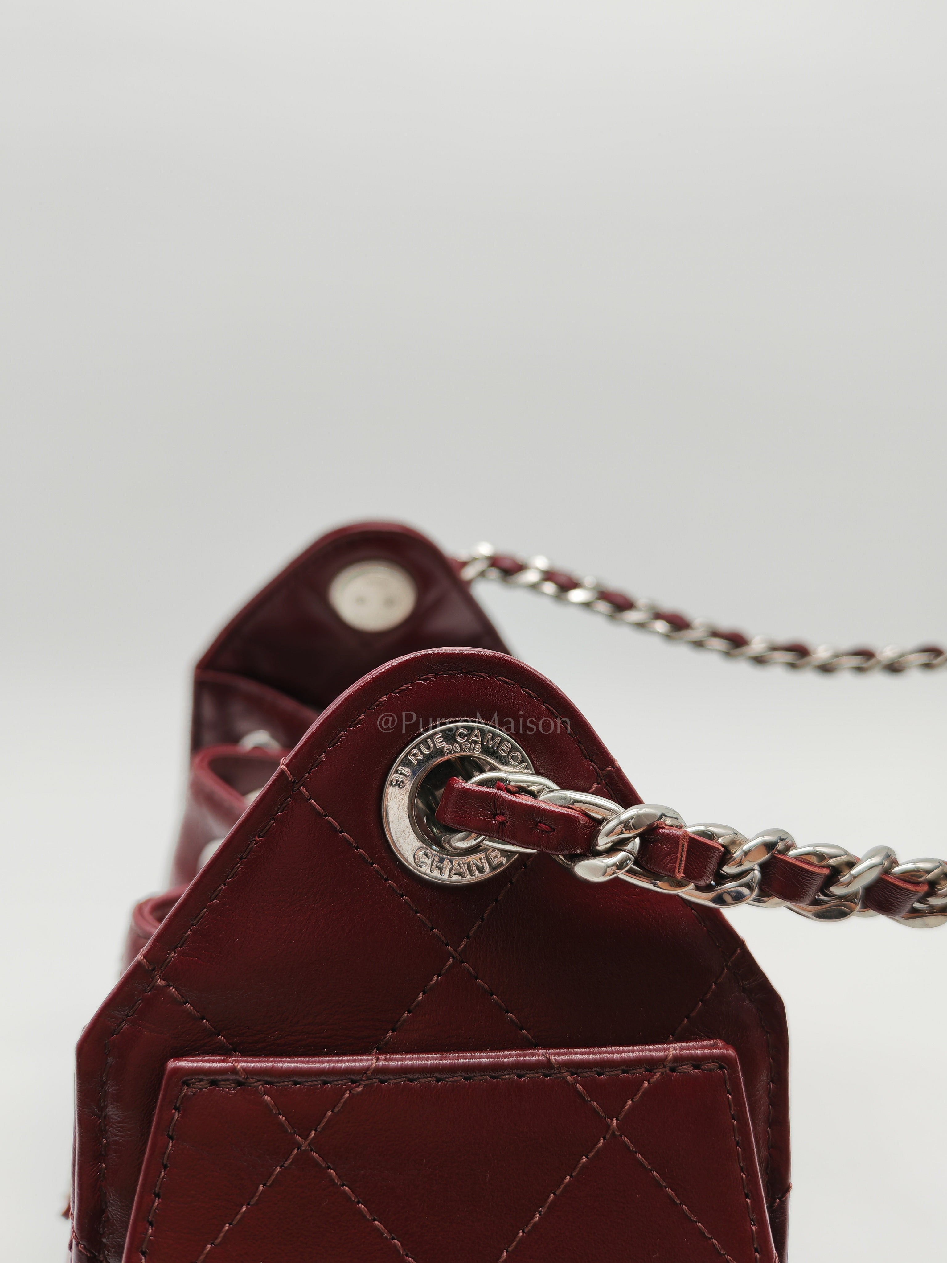 25 Mini Dark Burgundy Shiny Calfskin Leather in Silver Hardware (Microchip) | Purse Maison Luxury Bags Shop