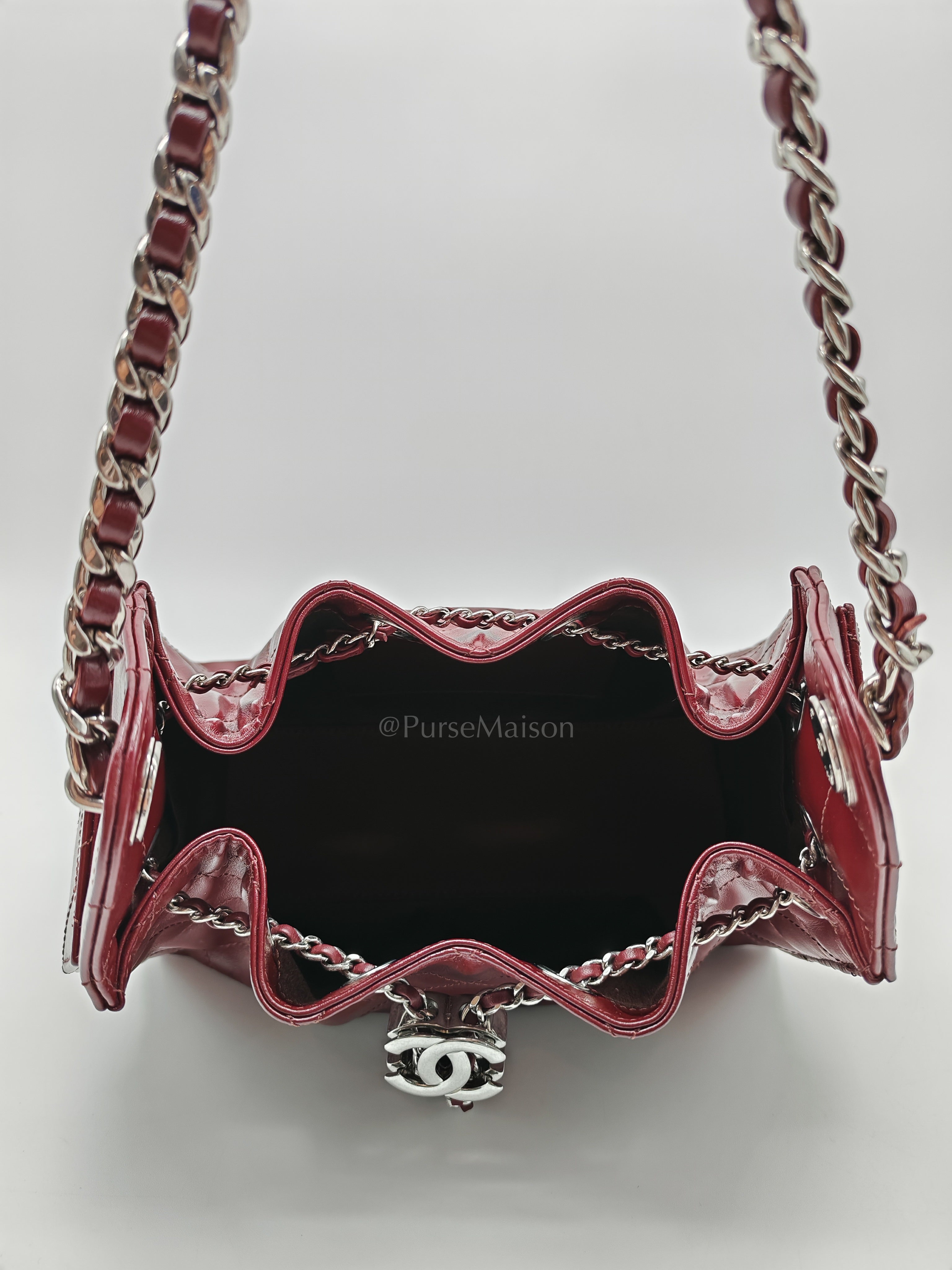 25 Mini Dark Burgundy Shiny Calfskin Leather in Silver Hardware (Microchip) | Purse Maison Luxury Bags Shop