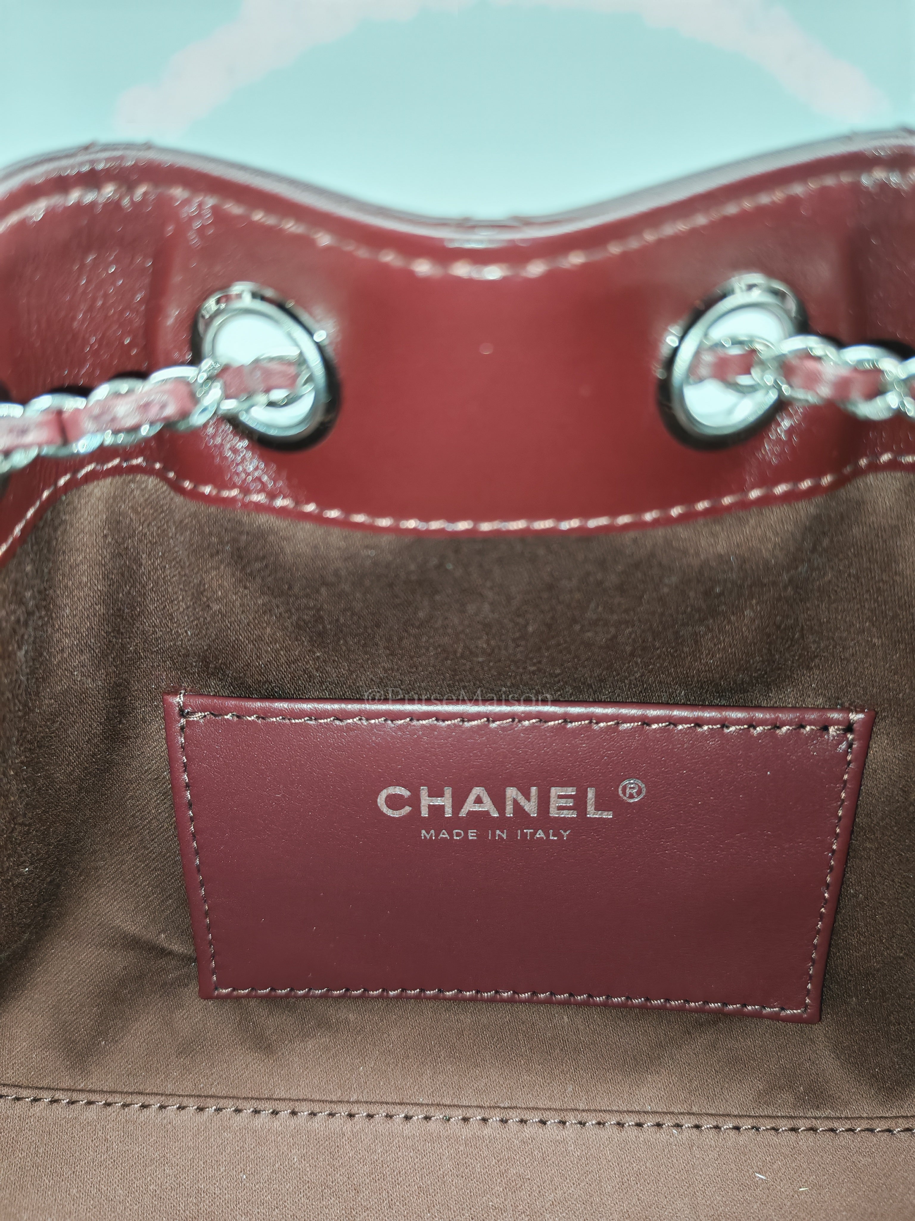 25 Mini Dark Burgundy Shiny Calfskin Leather in Silver Hardware (Microchip) | Purse Maison Luxury Bags Shop