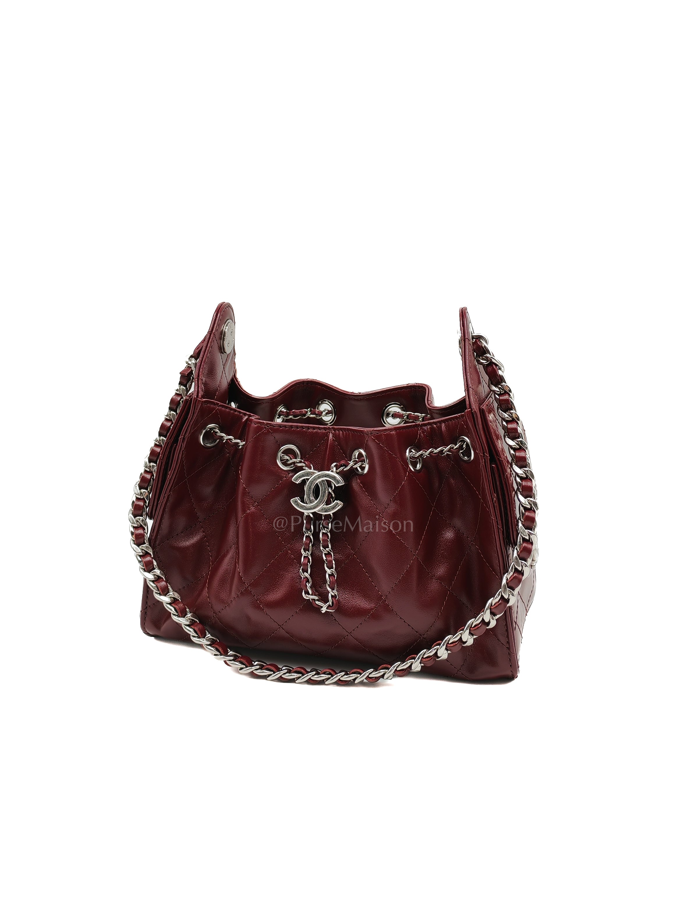 25 Mini Dark Burgundy Shiny Calfskin Leather in Silver Hardware (Microchip) | Purse Maison Luxury Bags Shop