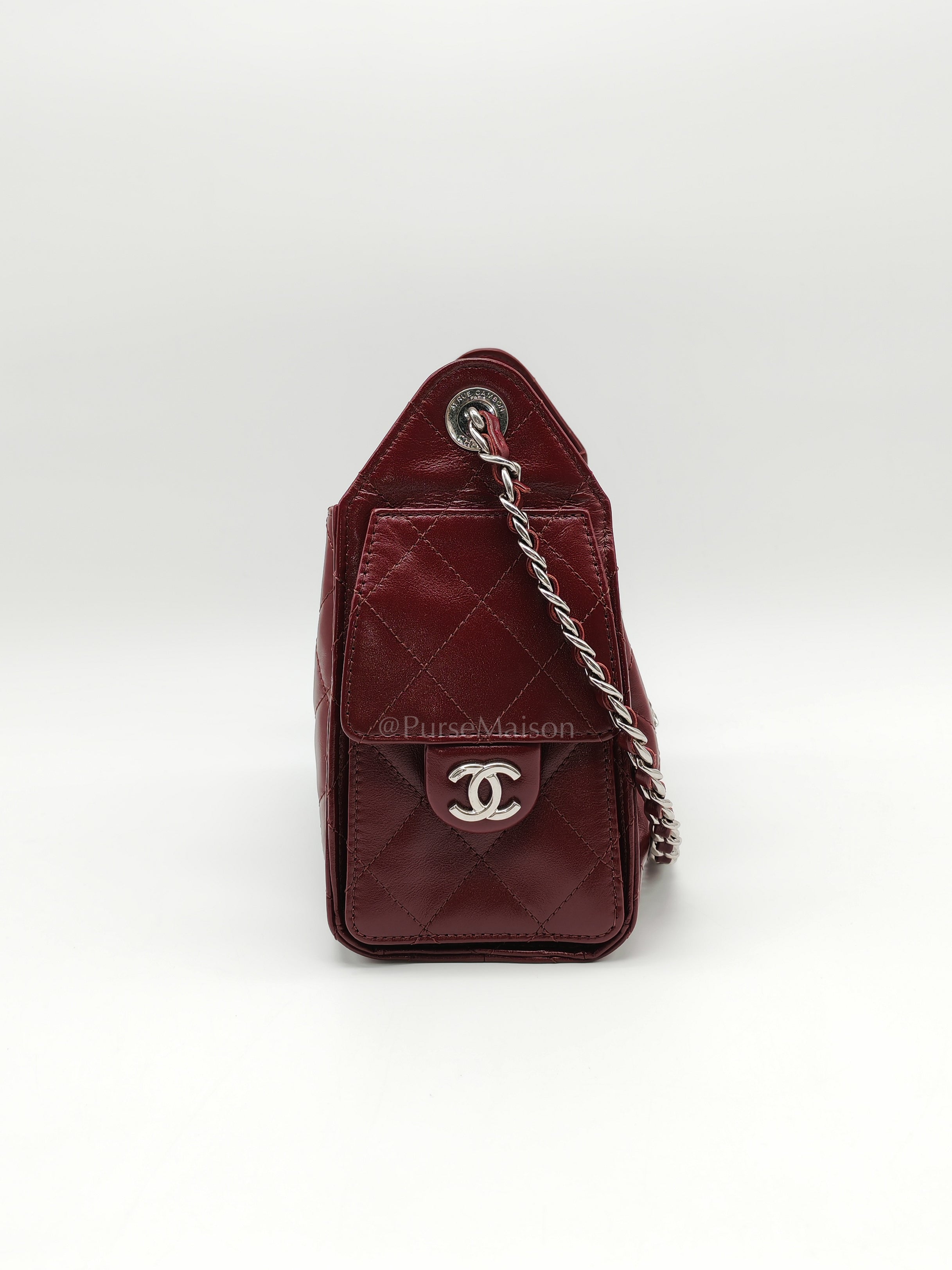 25 Mini Dark Burgundy Shiny Calfskin Leather in Silver Hardware (Microchip) | Purse Maison Luxury Bags Shop