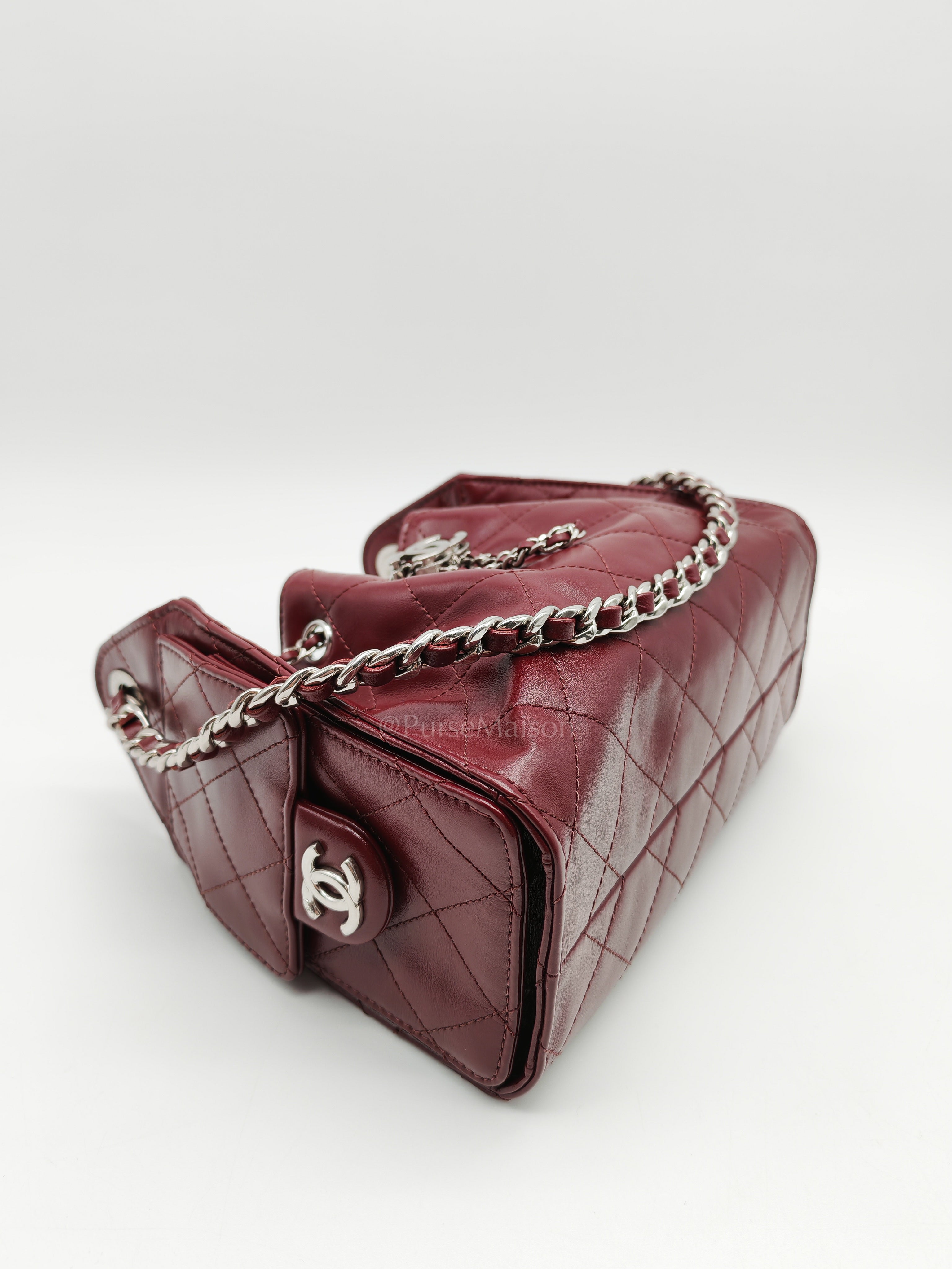 25 Mini Dark Burgundy Shiny Calfskin Leather in Silver Hardware (Microchip) | Purse Maison Luxury Bags Shop