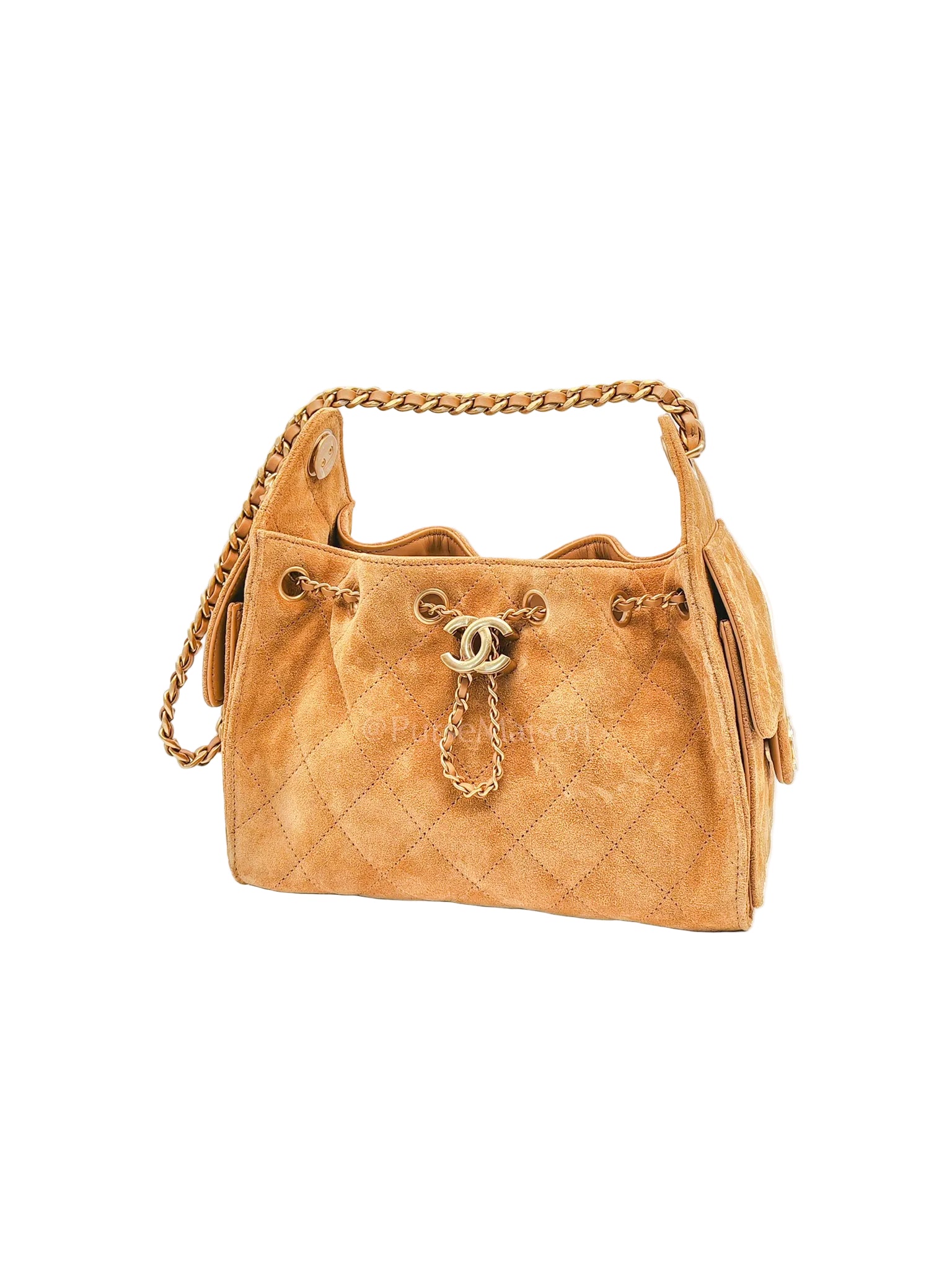 25 Mini in Dark Beige in Quilted Suede Calfskin Leather and Aged Gold Hardware (Microchip) | Purse Maison Luxury Bags Shop