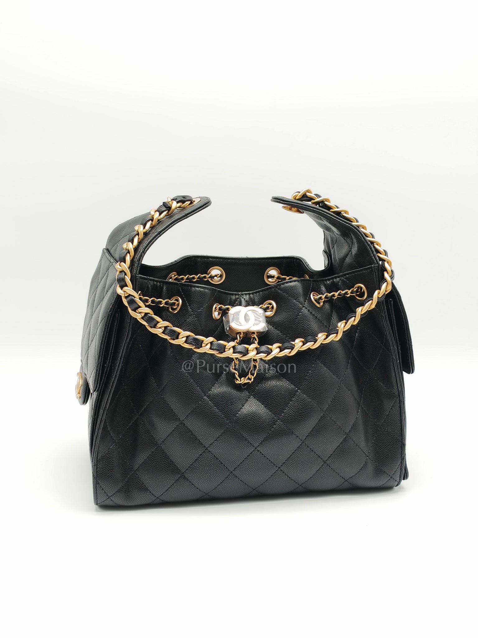 25 Small Black in Quilted Caviar Leather and Aged Gold Hardware (Microchip) | Purse Maison Luxury Bags Shop