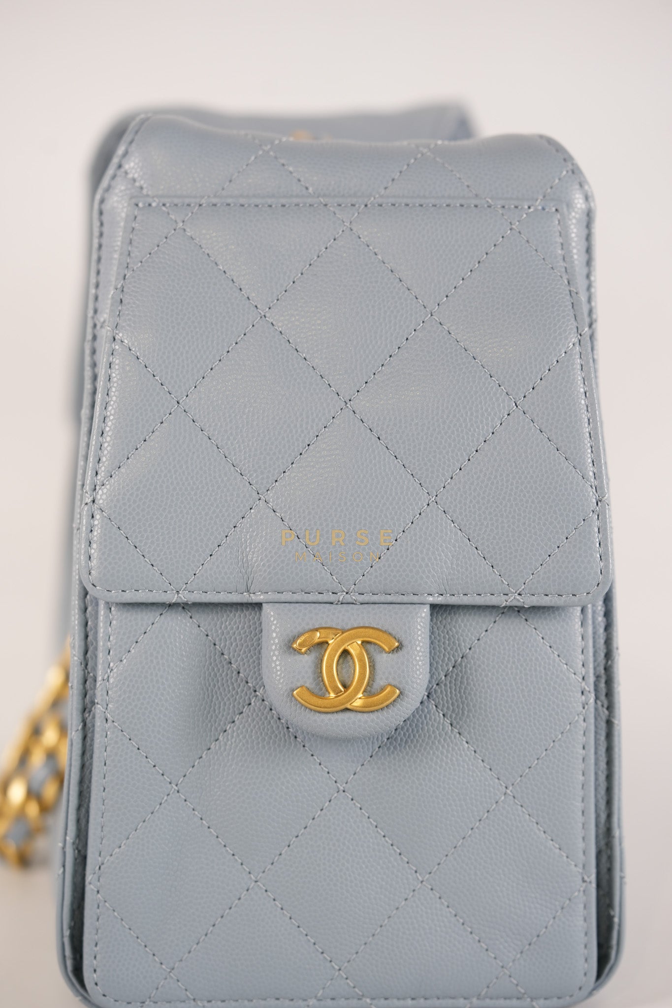25 Small Handbag in Light Blue Quilted Caviar Leather and Gold Hardware (Microchip) | Purse Maison Luxury Bags Shop